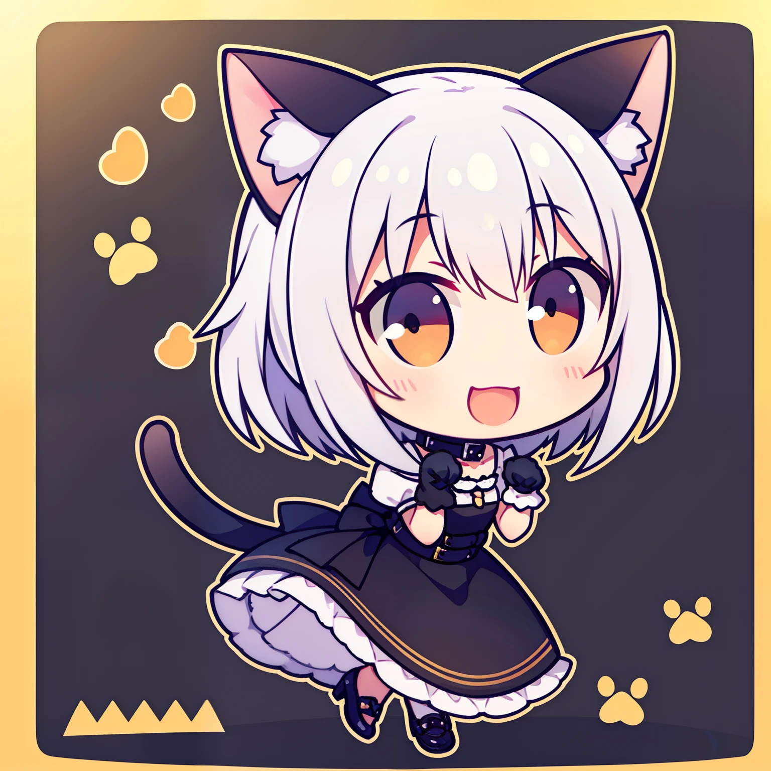 Girl, endearing smile, cat ears, tail, Medium Hair, white short-sleeved shirt with collar, Black Dress, Designer Cat Paw Gloves, patent leather ball shoes, chibi