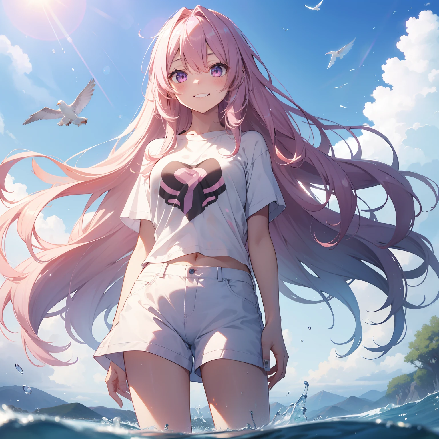 (masutepiece,Best Quality,8K),(extremely detailed CG1.1),Girl standing on the surface of the water emitting a beautiful light,Smile,(From below:1.2),Intricate details , Hyper realistic, Perfect Anatomy,A pink-haired,Twin-tailed,Purple eyes,Permed hair with wavy hair,(((length hair))),hair slicked back,(((Standing))),Full body,Long white T-shirt,Short pants,blush,Happy smile,Blue sky,Horizon, Splash, Water droplets,Lens Flare,Wind,Magnificent view,(chromatic abberation:1.3),Dynamic Angle,bird flocks,Cowboy Shot,Looking at Viewer
