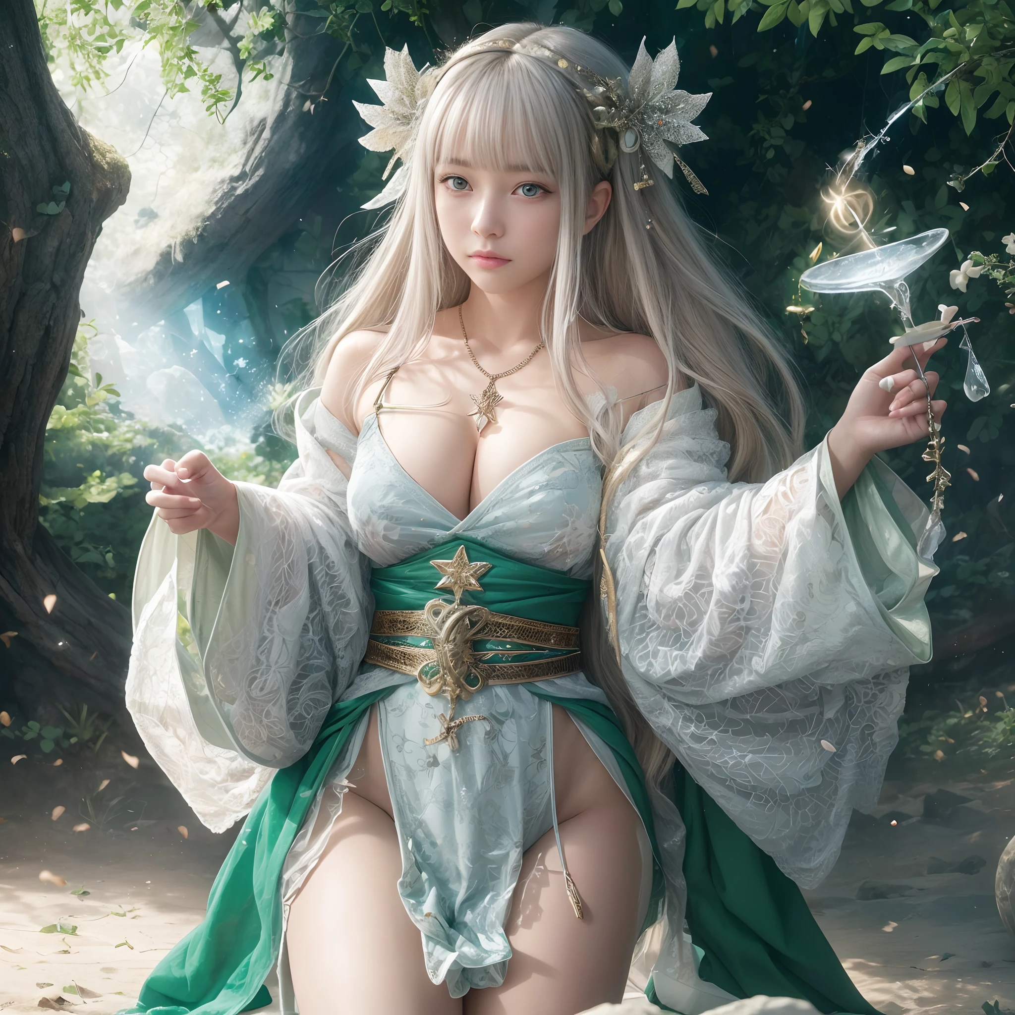 (Raw photo:1.2), (Photorealistic), Beautiful detailed girl, Very detailed eyes and face, Beautiful detailed eyes, Huge file size, High resolution, Very detailed, Best Quality, [masutepiece:1.6], Illustration, Very detailed, Fine detail, Best Quality, 8K Wallpaper, Movie Lighting,13-year-old goddess from Japan, Healing Magic, Sacred robe,  White Jewel Wand,  Glitter Green Healing Spell, Healing space around you, Underwear, barechested, No top,  are visible,   The nipple is visible, Casual Panties, revealing white panties, Panties with attention to detail, Even the wrinkles of the panties were drawn, Panties with texture, Photorealistic panties,  tiny chest, panties simple