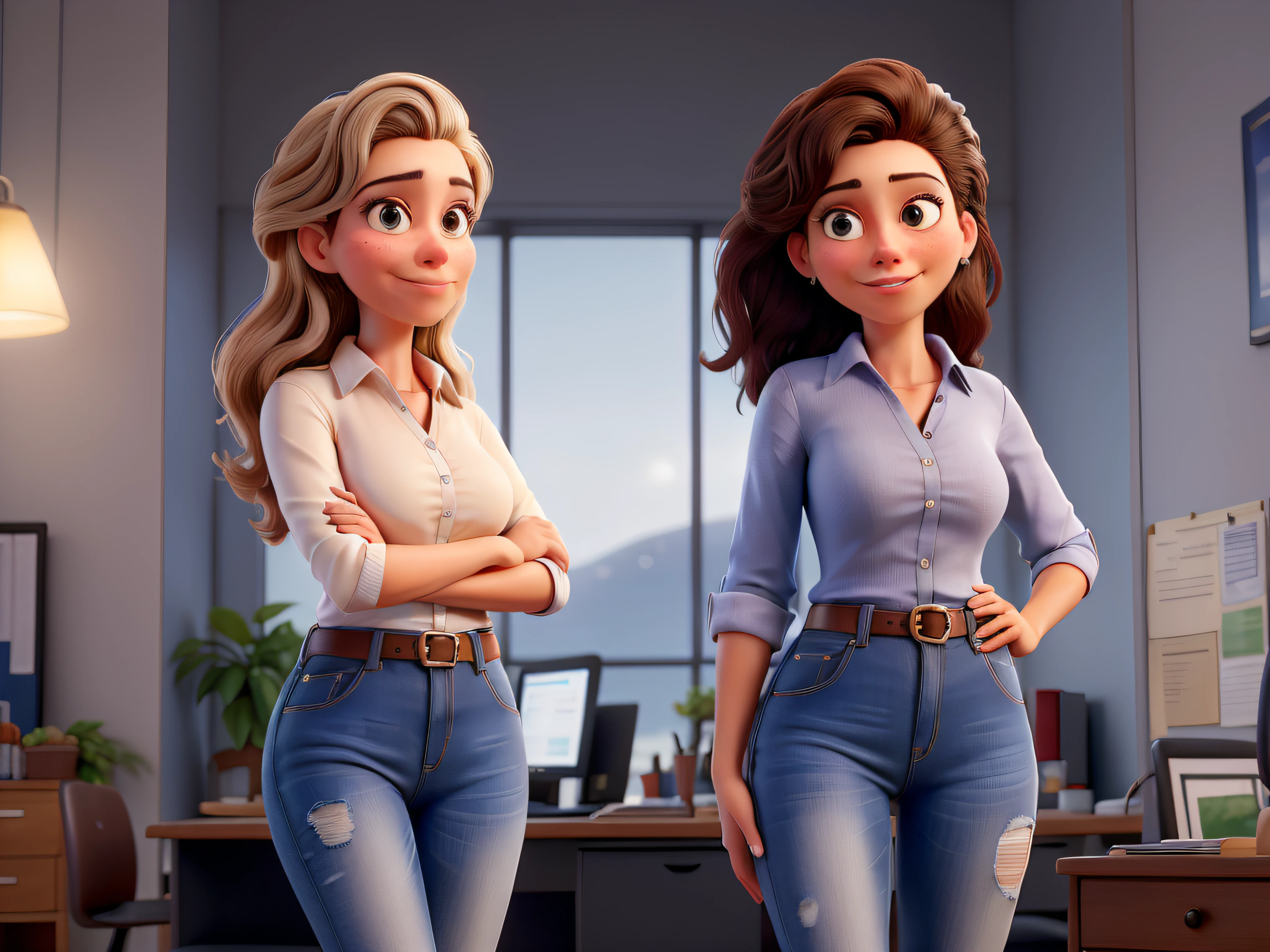 Por favor, create a series of high-quality portraits of the character Aurora Arruda, A young and successful Brazilian businesswoman. She's a young woman, por volta de seus 28 anos, de pele branca, cabelos lisos, long and brown that reach to the waist. Em cada retrato, Aurora will be smiling, Looking directly into the camera and with my arms crossed, in varied poses and scenarios.

Ademais, gostaria de explorar diferentes estilos de roupas para Aurora em cada retrato. She will be dressed in a navy blue polo collar shirt, Jeans and heels. Make sure the portraits convey Aurora's personality and versatility as a successful businesswoman in her new office.

Por favor, provide a series of full-body images that highlight Aurora Arruda's beauty and confidence in various situations and with different outfits, Creating a Collection of Stunning Portraits.