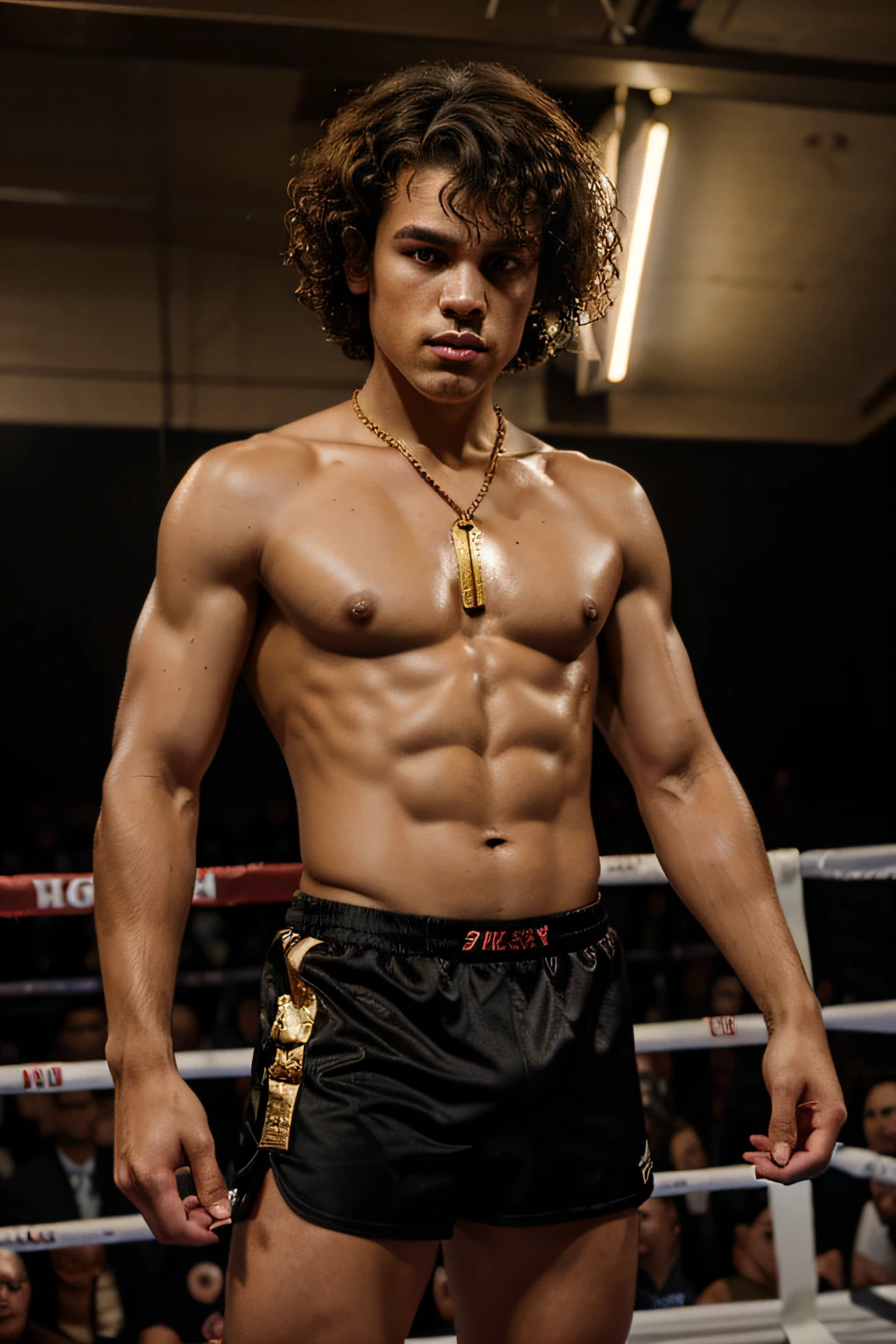 A skinny young boxer with curly hair wearing a gold cross and black satin boxing trunks with red trim frowns at the camera