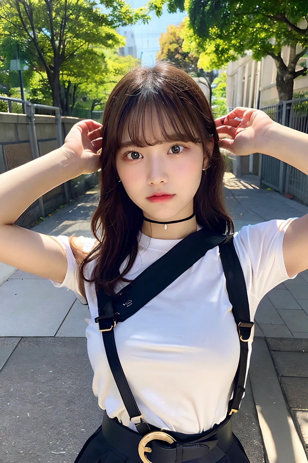 masterpiece、flat-colors、depth of fields、lens flare 1 girl、、Brown hair、watching at viewers suspenders bulging big breasts Armpit sweat walls: Black skirt garterbelts Gaze Small face Bangs Upper Eyes flank Rat-colored eyes holster Belt Cutter Shirt