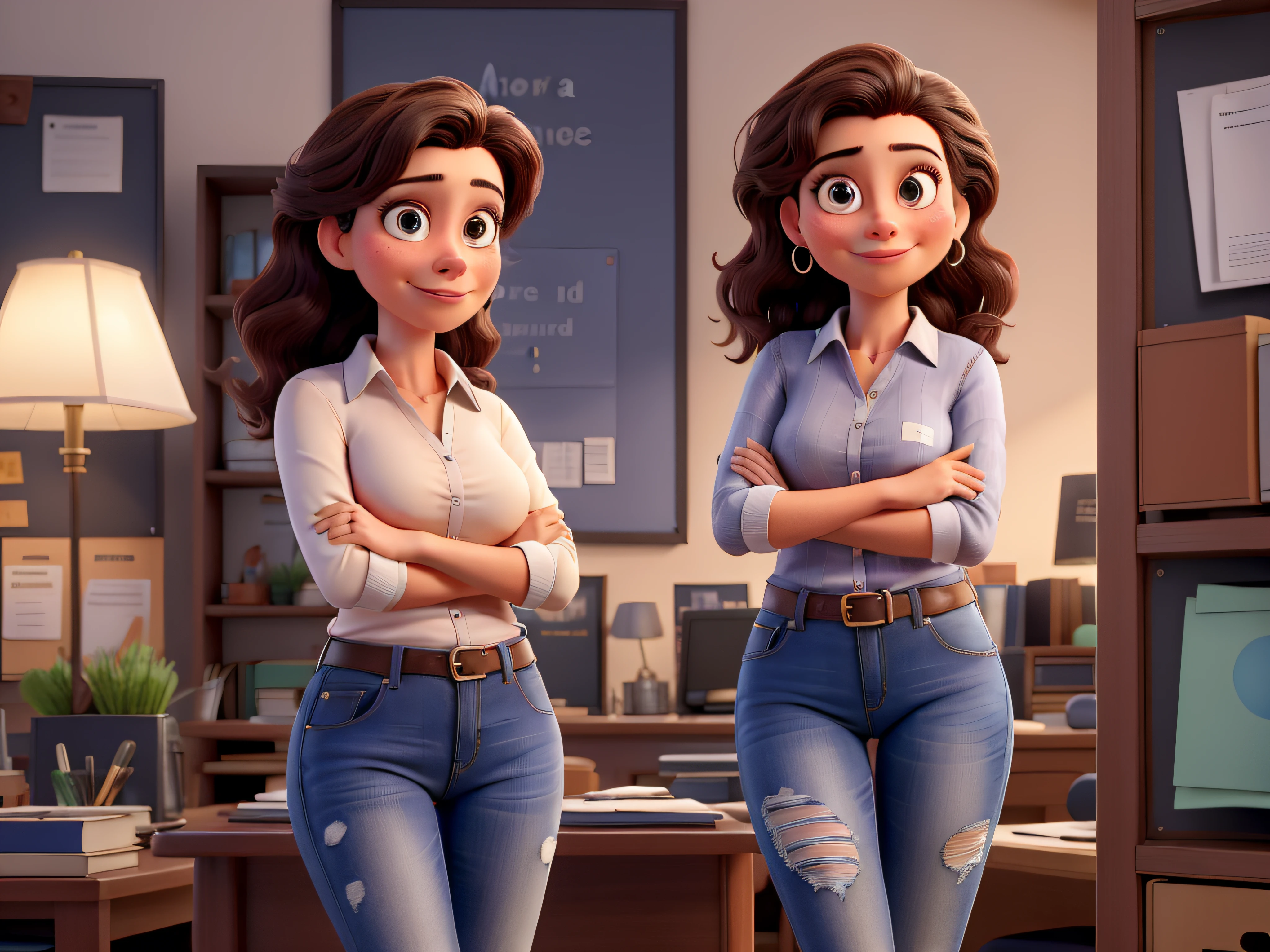 Por favor, create a series of high-quality portraits of the character Aurora Arruda, A young and successful Brazilian businesswoman. She's a young woman, por volta de seus 28 anos, de pele branca, cabelos lisos, long and brown that reach to the waist. Em cada retrato, Aurora will be smiling, Looking directly into the camera and with my arms crossed, in varied poses and scenarios.
Ademais, gostaria de explorar diferentes estilos de roupas para Aurora em cada retrato. She will be dressed in a navy blue polo collar shirt, Jeans and heels. Make sure the portraits convey Aurora's personality and versatility as a successful businesswoman in her new office.
Por favor, provide a series of full-body images that highlight Aurora Arruda's beauty and confidence in various situations and with different outfits, Creating a Collection of Stunning Portraits.