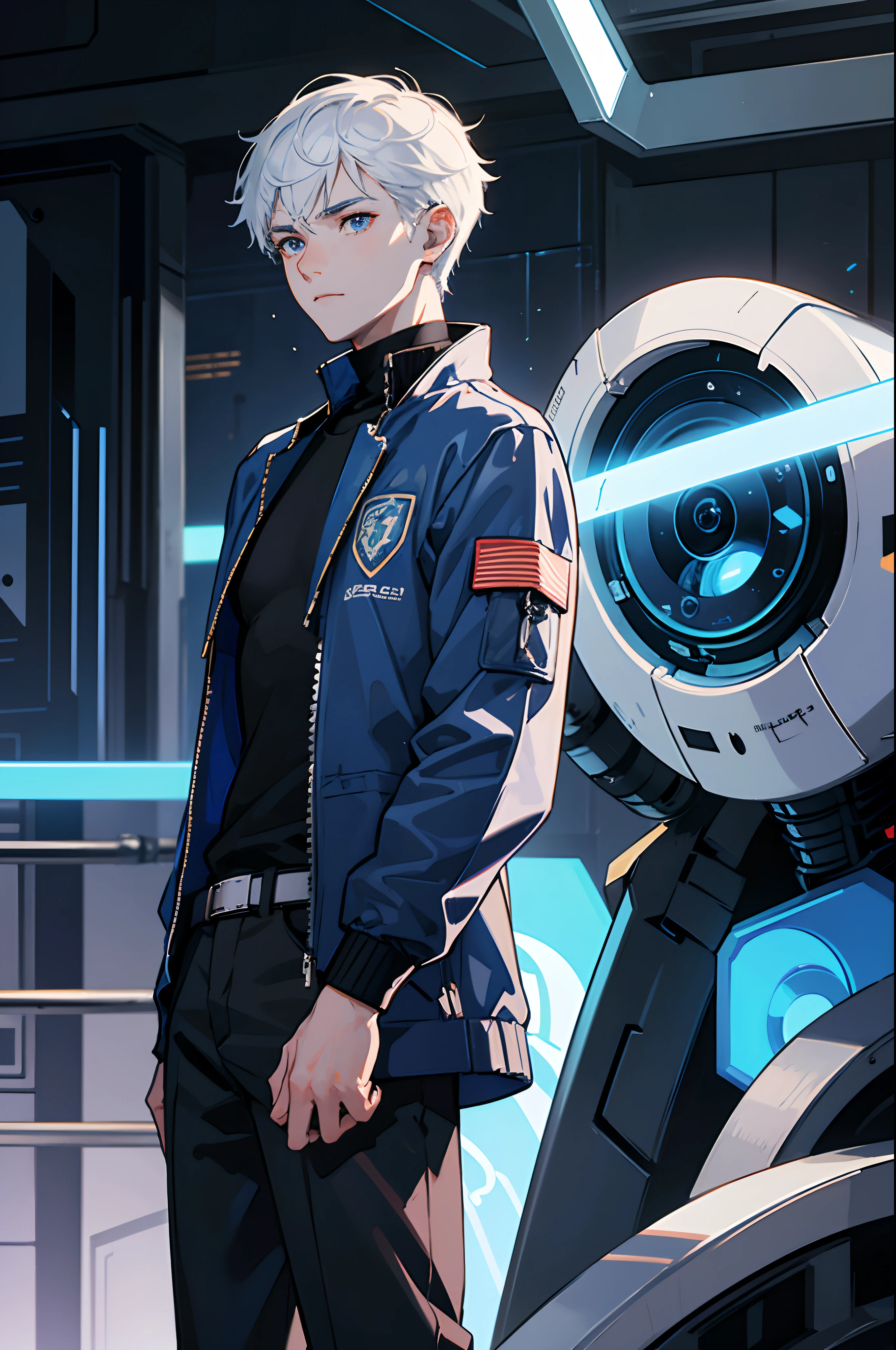 A -yeld te boy, a boy engineer and artificer, robot boy, pale skin tone, without a beard, without a goatee, no facial hair, no body hair, white hair color, straight hair, pointed ears, futuristic black and blue jacket, cyberpunk black and blue clothes, robotic mixed with organic, silver haired boy, futuristic powers, laser powers