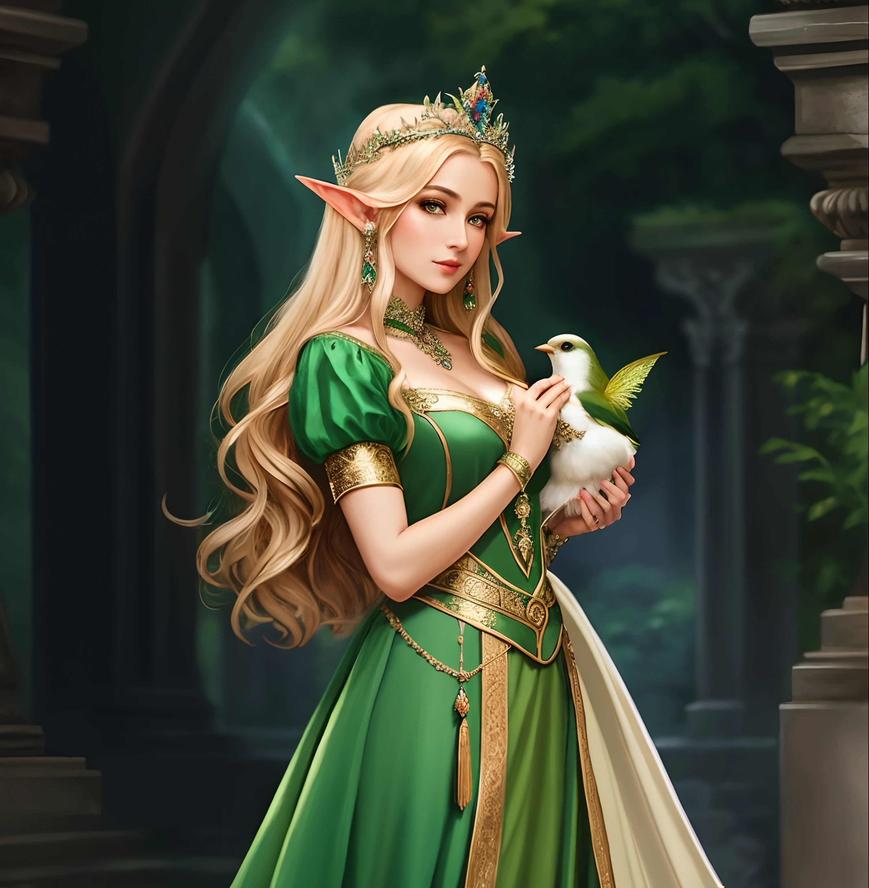 There is a woman in a green dress holding a bird, princess portrait, Beautiful character painting, medieval princess, portrait of an elf queen, Elf Princess, hyper-detailed fantasy character, portrait painting of a princess, render of mirabel madrigal, fantasy character portrait, detailed character art, elven princess, fairy queen, portrait of a princess, Beautiful and elegant Elf Queen masterpiece, ccurate, high quality