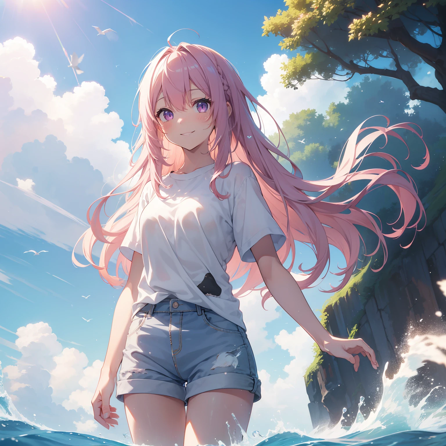 (masutepiece,Best Quality,8K),(extremely detailed CG1.1),Girl standing on the surface of the water emitting a beautiful light,Smile,(From below:1.2),Intricate details , Hyper realistic, Perfect Anatomy,A pink-haired,Twin-tailed,Purple eyes,Permed hair with wavy hair,(((length hair))),hair slicked back,(((Standing))),Full body,Long white T-shirt,Short pants,blush,Happy smile,Blue sky,Horizon, Splash, Water droplets,Lens Flare,Wind,Magnificent view,(chromatic abberation:1.3),Dynamic Angle,bird flocks,Cowboy Shot,Looking at Viewer