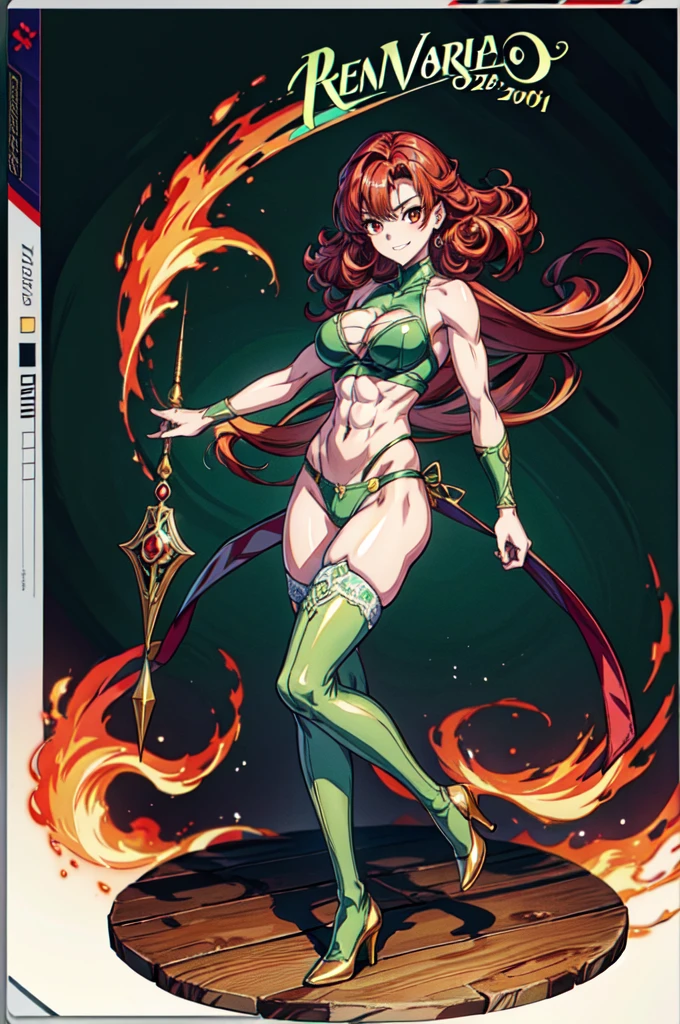 masterpiece:2, best quality:2, highly detailed:2, 8k, horror background, anime, 1girl\(20-year-old, diva, grinning, evil, athletic:1.2, muscular:1.2, abs:1.2, long legs:1.4, curly red hair, big breasts, green stockings, green thigh boots with high heels, revealing clothes:1.2, slender waist, tight butts, beautiful face, red eyes, dynamic pose\), full-body image:1.2