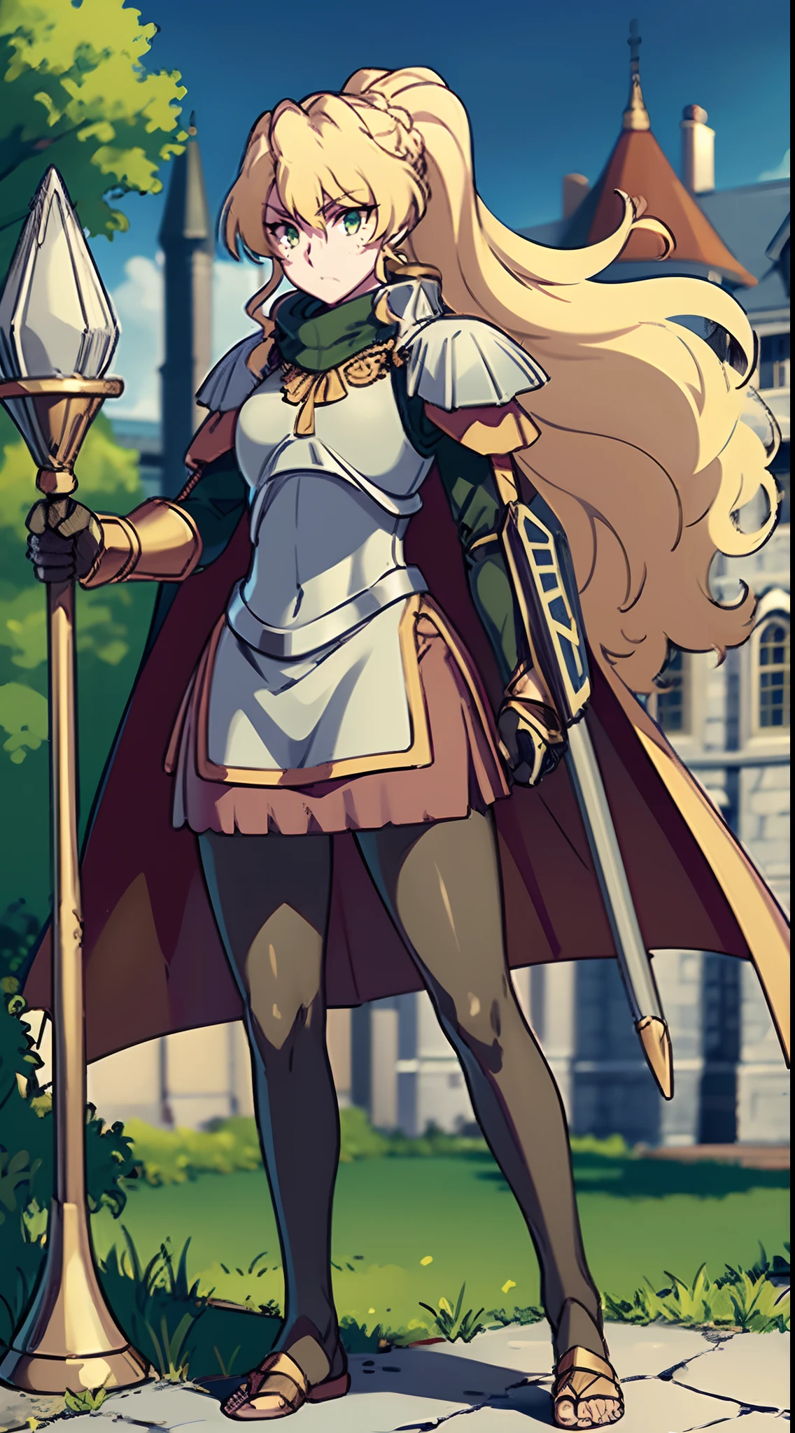 skirt vest, pantyhose, ponytail, long hair, blond hair, knight, medium breast,alicetaria february, green eyes,,, staff holding, cape, scarf, thick eyelashes,, castle background,fantasy,,standing, refsheet, solo focus, full body, flipflops,