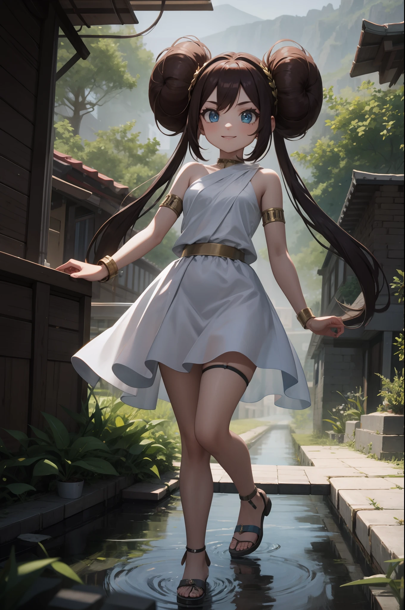perfect eyes:1.2, detailed eyes:1.4, ro1, hair bun, smile, greek clothes, peplos, laurel crown, armlet, sandals, blue eyes, twintails, long hair, 1girl, solo, (masterpiece:1.6, best quality), 8k, insane details, intricate details, hyperdetailed, hyper quality, high detail, ultra detailed, professional, HDR, ray tracing reflection, cinematic lighting,