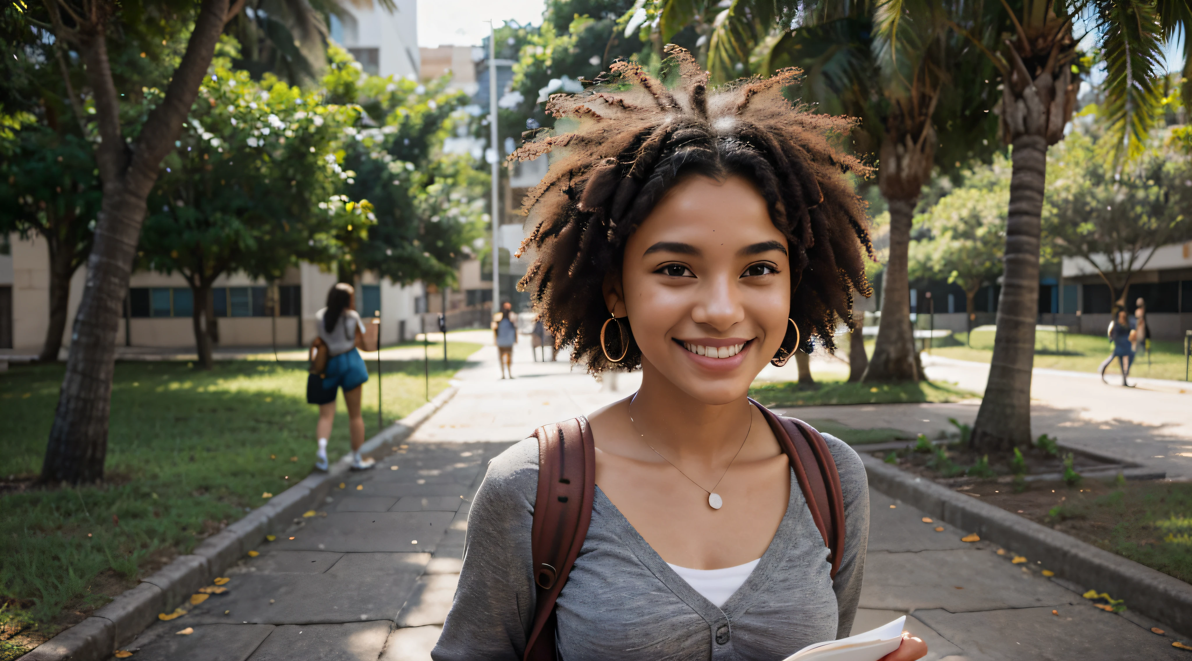 Generate an image of a Brazilian student happily strolling through a busy university campus. she is tall and slender, com um penteado afro marcante que exala um senso de individualidade. Her captivating light brown eyes sparkle with determination and curiosity. She's dressed in a loose, blusa verde, uma cor que complementa seu sorriso radiante. She wears a practical student backpack on her back, symbolizing your academic dedication. Enquanto ela caminha, She carries a stack of graphite-covered books in one hand, showcasing your passion for literature, And she holds a modern set of wireless earbuds around her neck. This distinguished student embodies the spirit of a cheerful, Estudante apaixonada por livros com seu penteado afro, as you confidently navigate the lively atmosphere of the university campus.