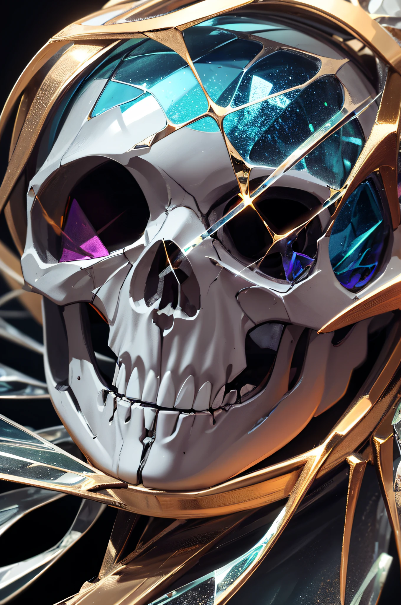 A gorgeous and detailed skull made of broken glass of all colors in the "gasoline" style, it's detailed and beautiful