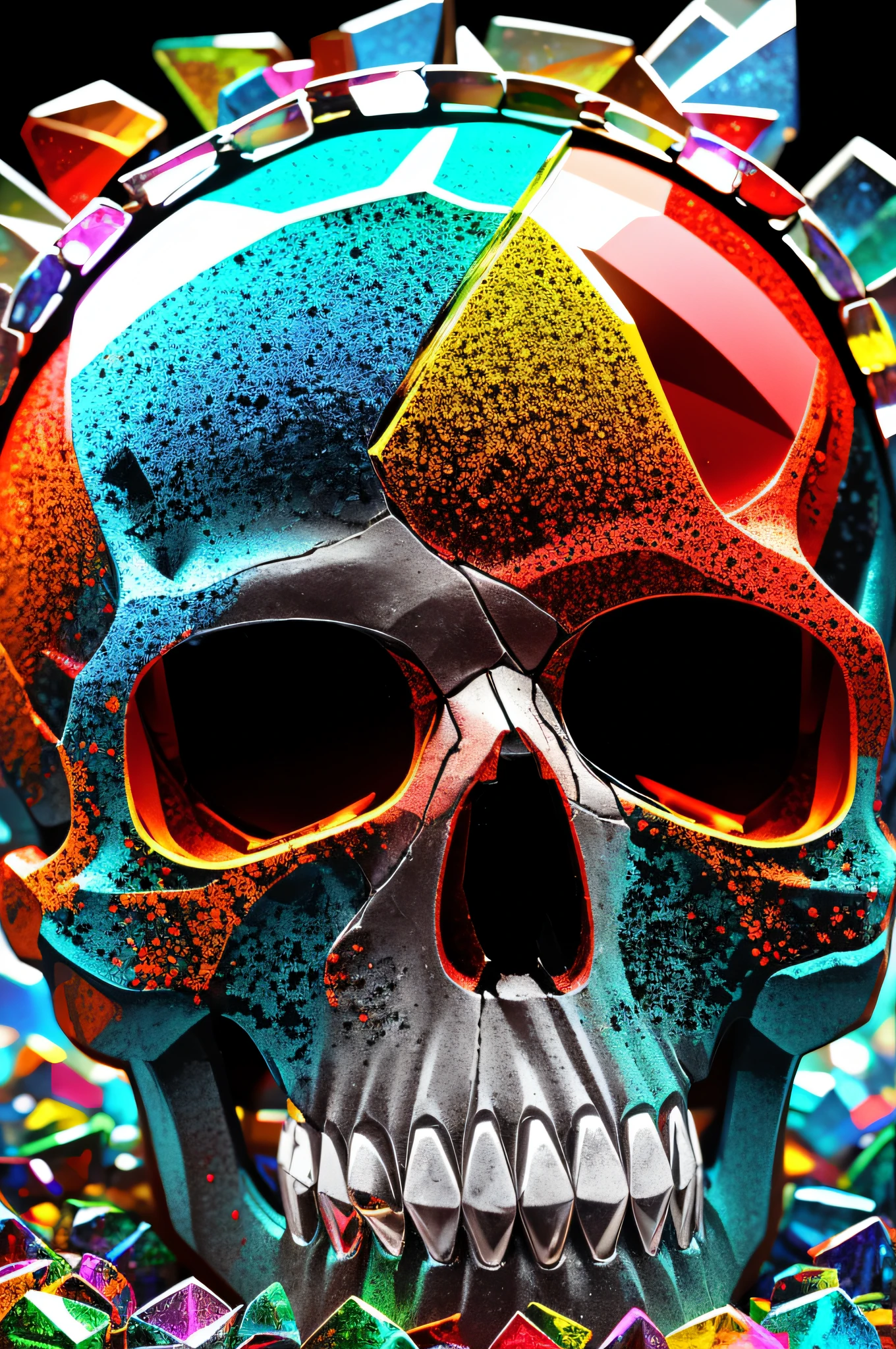 A gorgeous and detailed skull made of broken glass of all colors in the "gasoline" style, it's detailed and beautiful*