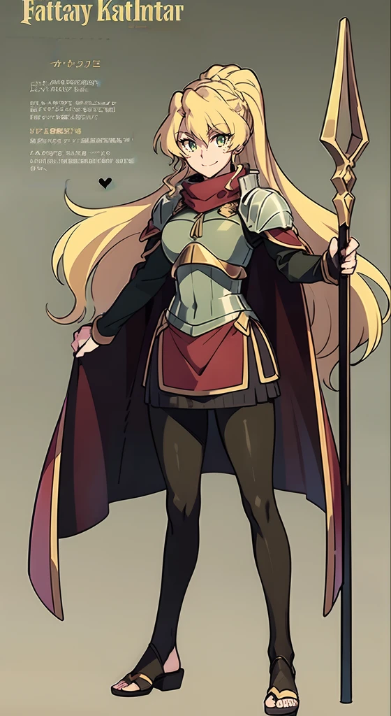 skirt vest, pantyhose, ponytail, long hair, blond hair, knight, medium breast,alicetaria february, green eyes,,, staff holding, cape, scarf, thick eyelashes,, castle background,fantasy,,standing, refsheet, solo focus, full body, flipflops,