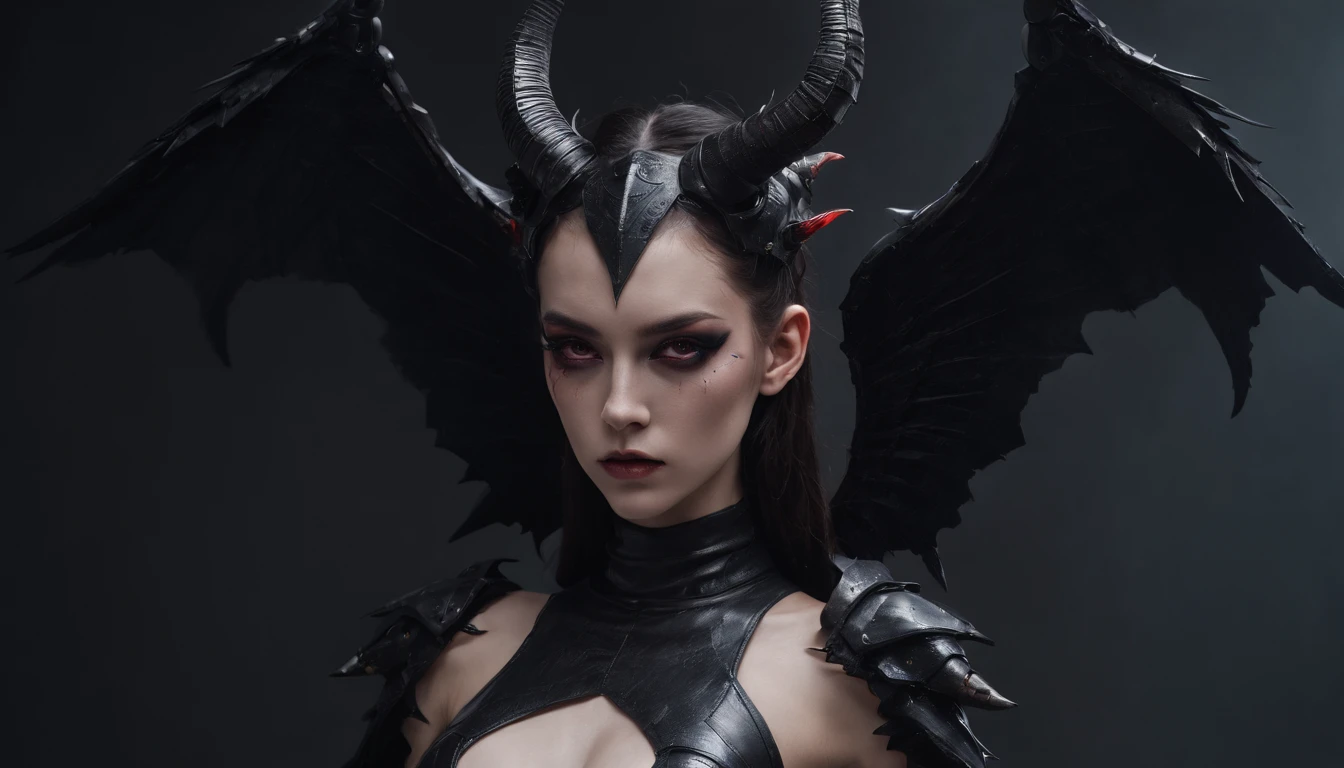 horned demon woman with black wings dressed in futuristic leotard in a post-apocalyptic scenario, dark background, cyberpunk fallen angel, darksynth aesthetic, horror cyberpunk, ultradetailed, masterpiece.