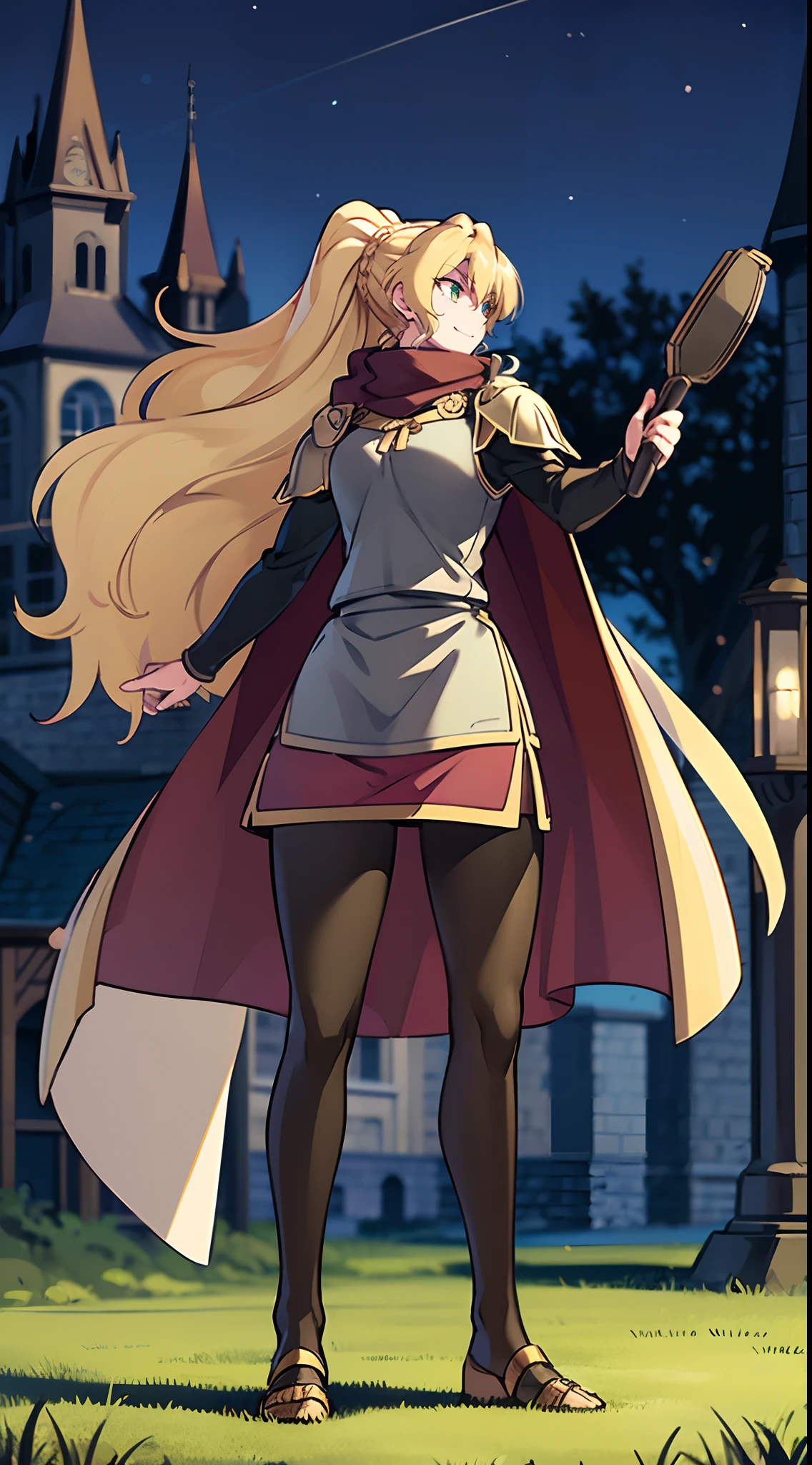 skirt vest, pantyhose, ponytail, long hair, blond hair, knight, medium breast,alicetaria february, green eyes,,smile, staff holding, cape, scarf, thick eyelashes,, castle background,fantasy,,standing, refsheet, solo focus, full body, flipflops,