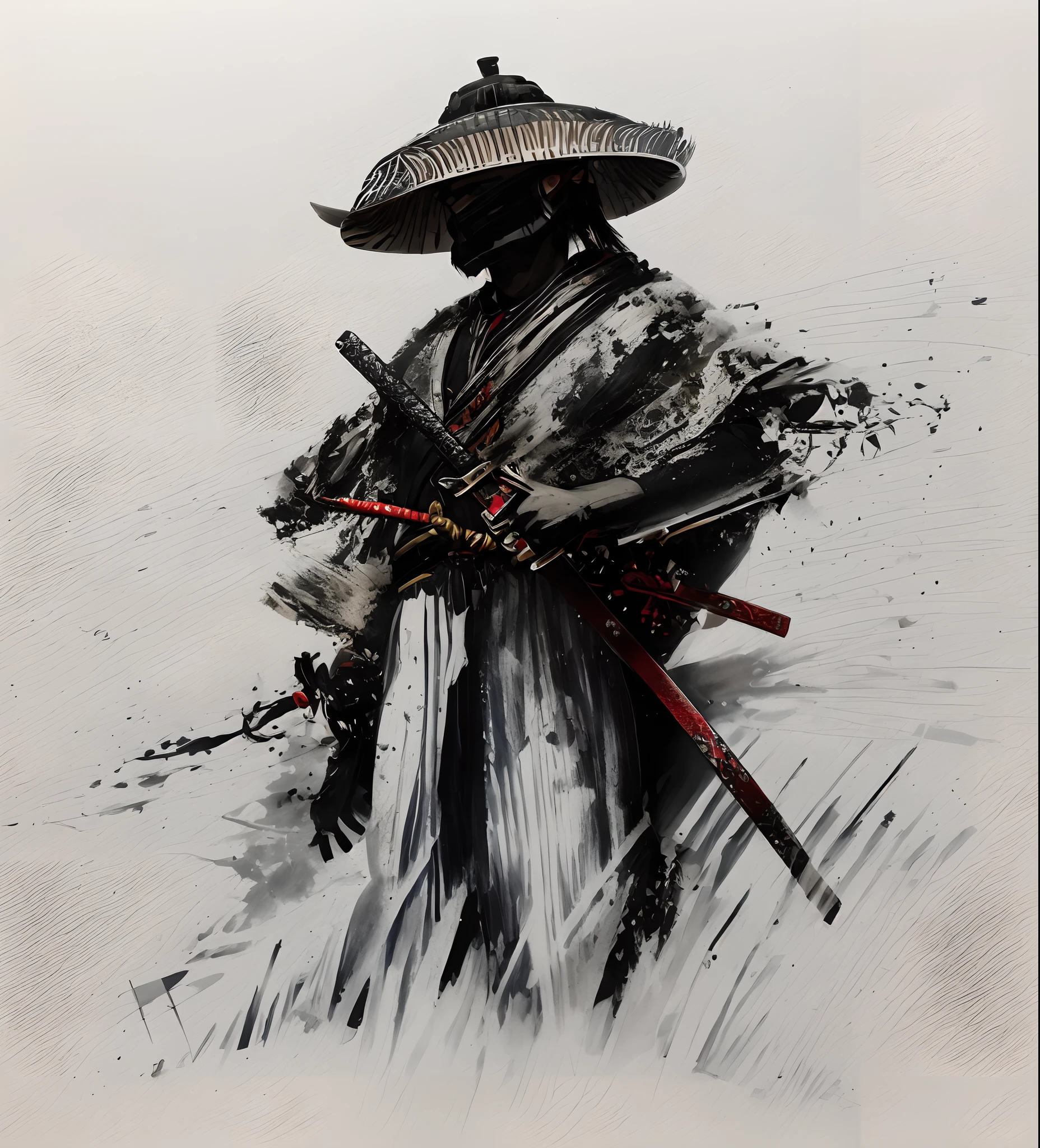 um desenho de um homem com uma roupa de Samurai segurando duas espadas, Benedick Bana, inspired by Kanō Hōgai, Directed by: Tadeusz Pruszkówski, estilo Samurai, homem Samurai, Samurai jedi, Samurai, Retrato Samurai, inspired by Kōshirō Onchi, estilo de tinta sumi, Samurai urbano