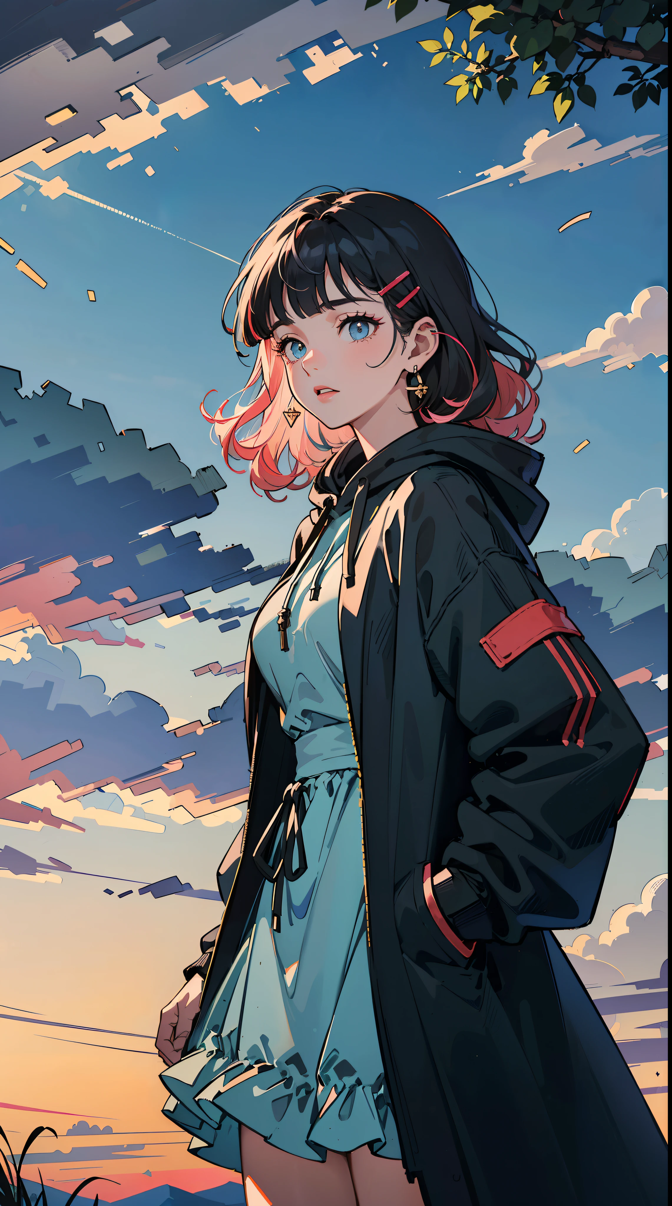((((frills,large black hoodie,))))((hands in pockets,))(Masterpiece illustration,Beautiful and aesthetic:1.2,head up,aim to sky), Best quality,Top quality, Epic quality,((((nature,on a hill,the top of the hill   ,outdoor,cloudy,))))(moonlight,moon glare, god light, perspective from above,focus on face,))Neat face,underage,mature,Beautiful detailed hair，pink hair，hyper HD, retinas, Textured skin, A high resolution, 16k ，((hairclip,blunt bangs,sidelocks,middle hair，natural curly hair)),Detailed face, 1JK, lady,Solo, Perfect face, Very amazing girl,((covered by thin translucent cloth,skindentation,high waist skirt,black streaked blue coat,large cloak,metal earrings,spiral earrings)),rim-light