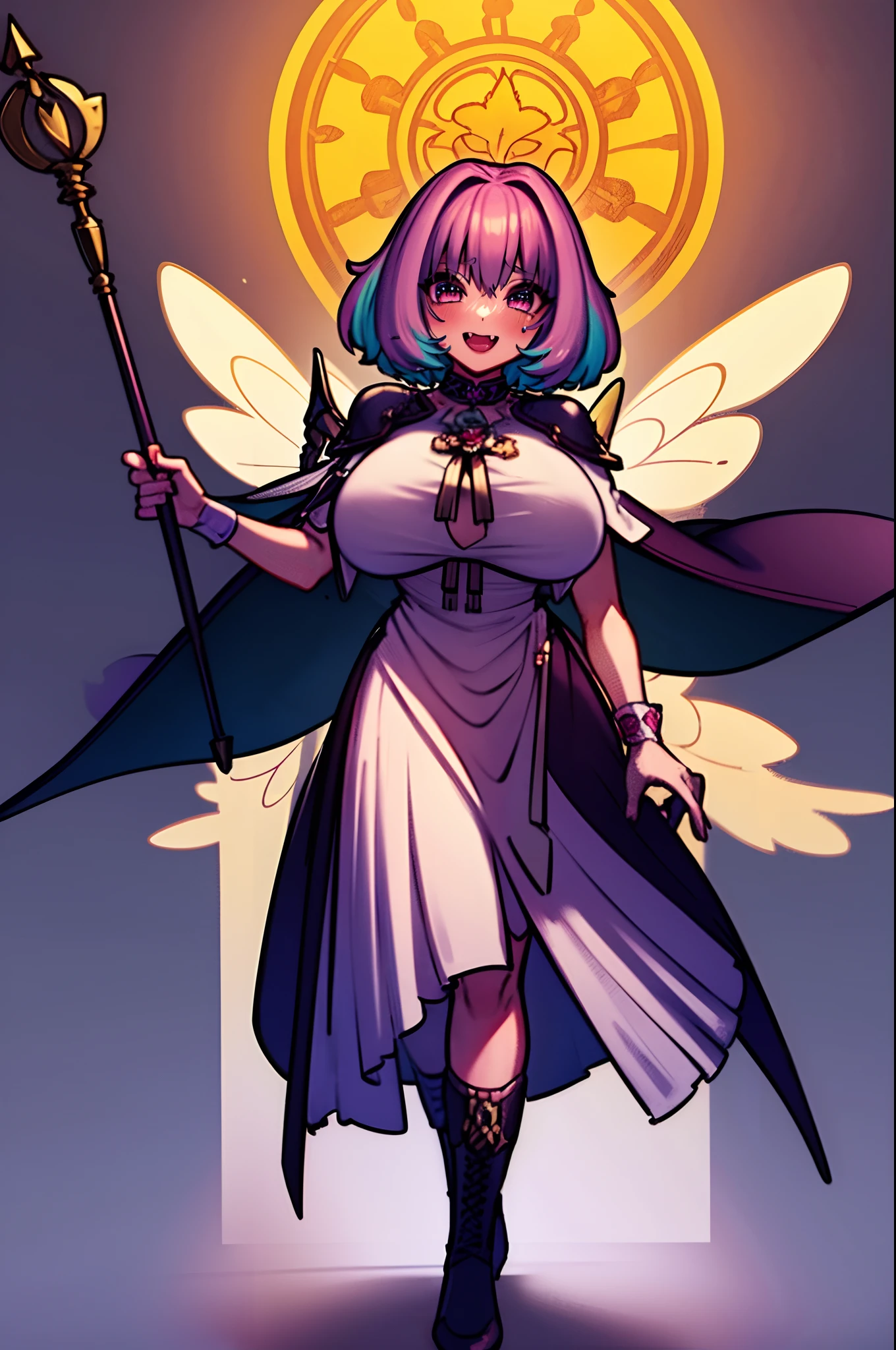 (best quality,masterpiece:1.2),intricate details,beautiful detailed eyes,beautiful detailed lips,extremely detailed eyes and face,longeyelashes,riamu, modeseven,super curvy,comic style,vibrant colors,standing,innocent, full body, standing, smile, princess dress, noble clothing, holy angel magicalgirl, open mouth fang, holy haura, halo, smile, joyfull, paladin, staff holding, full body , boots, standing,cute,breast, curvy, female,fantasy goddess,there is a cartoon picture of a woman with a very large breast, glowing angelic being, glowing holy aura, inspired by Luma Rouge, the non-binary deity of spring, ethereal rainbow nimbus, the butterfly goddess of fire, inspired by Marie Angel, glowing aura around her, astral fairy, as the goddess of the sun, “uwu the prismatic person, big breast, happy, beautiful eyes, , full body, walking, long robe, long dress, ,priestess ,holy, smile, long skirt