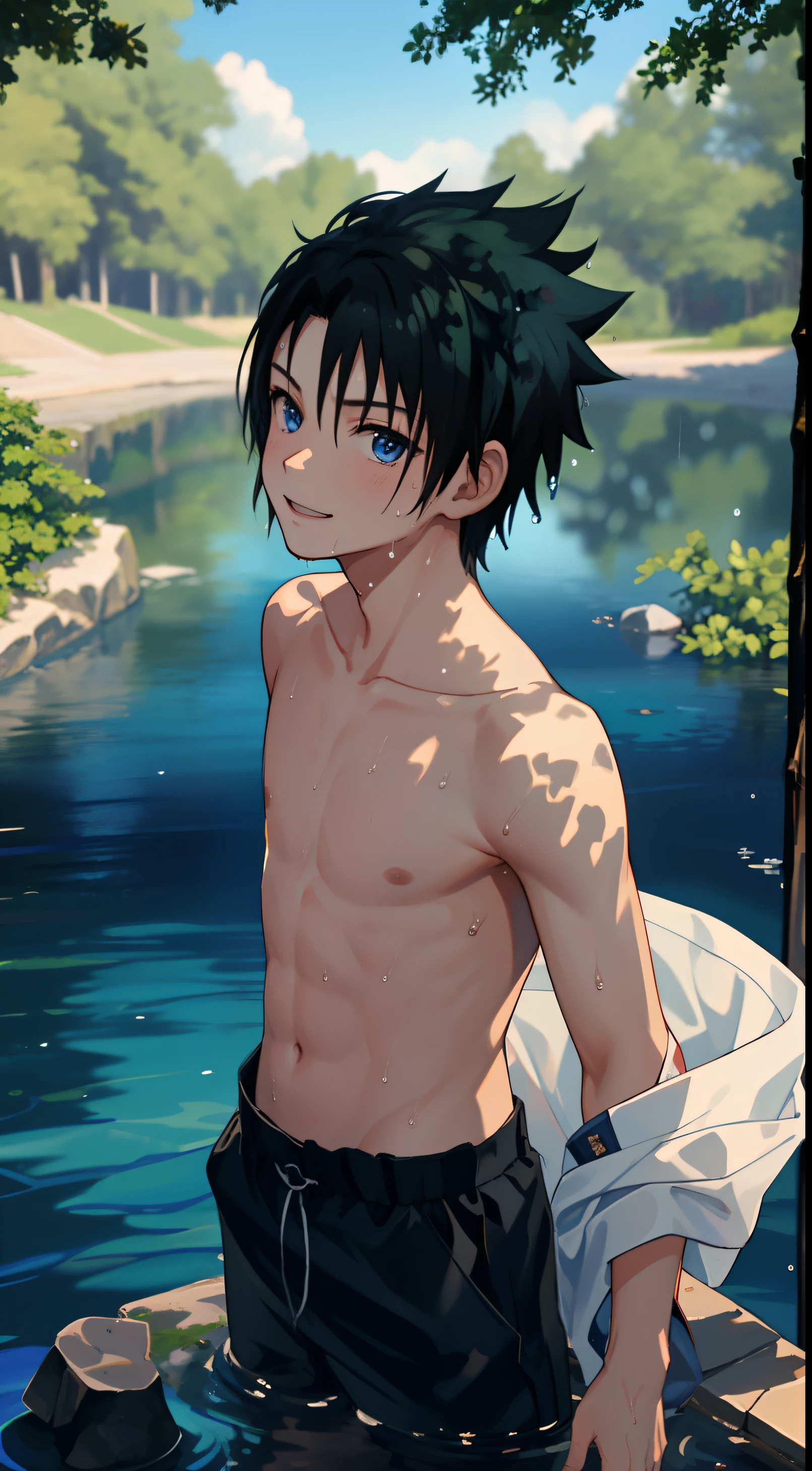 Masterpiece， Best quality at best， 1boy，boy, sasuke， little breast，armpit, (showing armpit:1.3), shirtless, upperbody，full of sweat,  is shy，smile，Black hair，(Wet: 1.4), naked, Cowboy shot, Looking up, Looking at the viewer, from above, from the front, water, playing in the river, river, forest, sunlight, summer