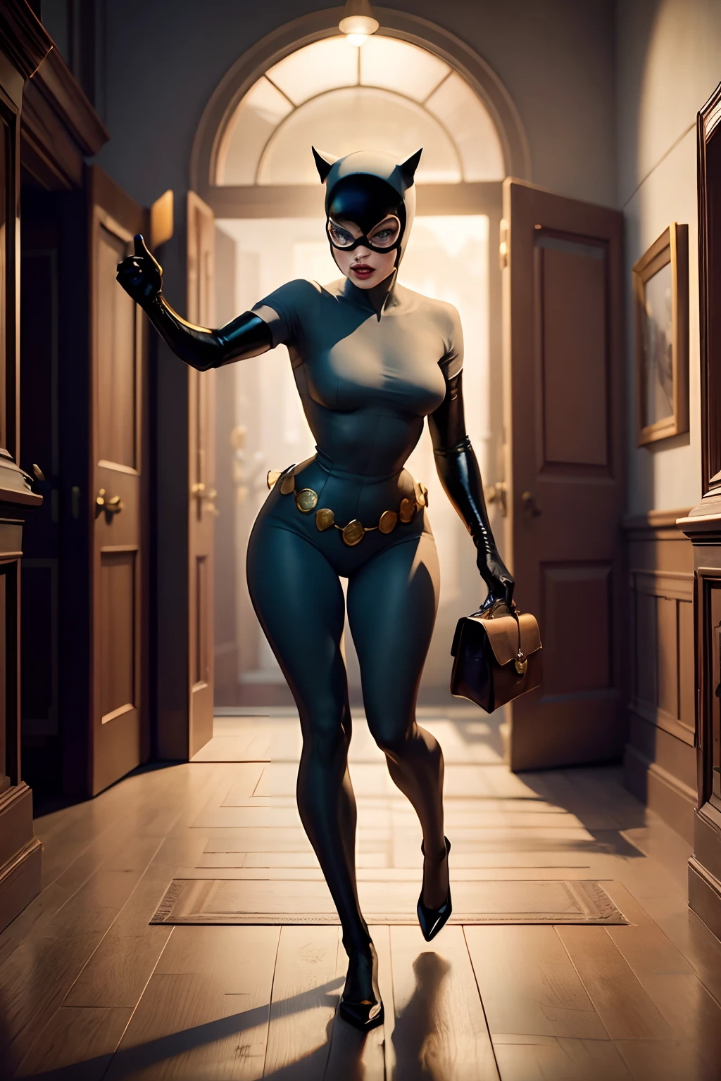 Catwoman is robbing the vaults of Ellon Musk's mansion. Esta levando as Joias e Diamantes do tamanho de um palmo. Careca com ela uma bolsa que ao final do roubo esta cheia com os pertences roubados.