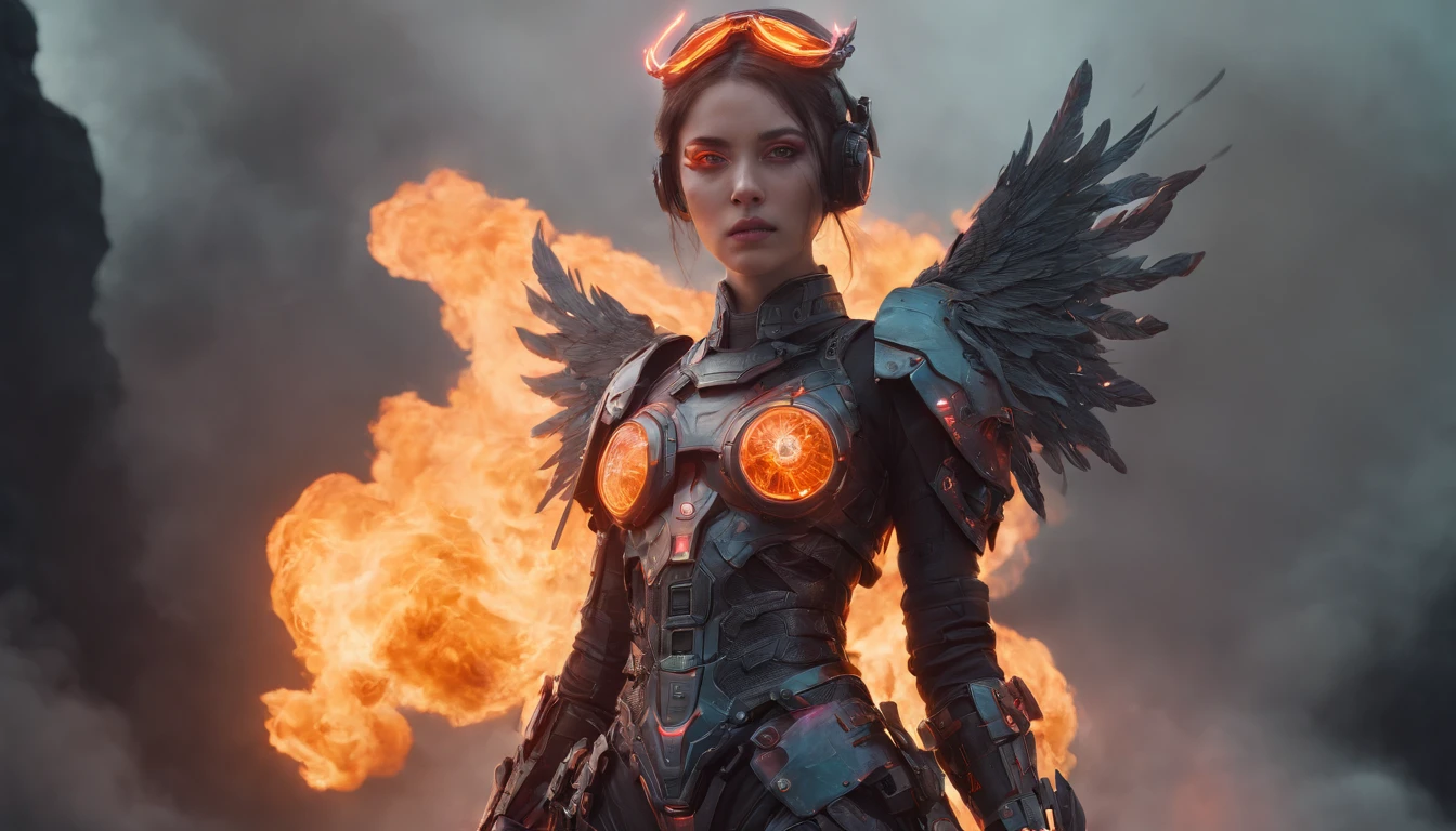 Cosmic cyberpunk Fallen Angel woman wearing Neon Mecha revealing Armour, Flaming Sword glowing light eyes, Biomechanical, eerie, Creepy, nightmarish, Very bright neon colours, Light particles, with light glowing, , Mushroom Cloud, winner of the year's best photo, the world on fire, post-apocalyptic hellscape military photography, photo epic of the year, fire on the horizon, epic cinematic shot, pure form, intricate detail, 8k post-production, High resolution, super Detail, trending on ArtStation, sharp focus, studio photos, intricate detail, Very detailed, By Greg Rutkowski, Mshiff, wallpaper art, UHD wallpaper