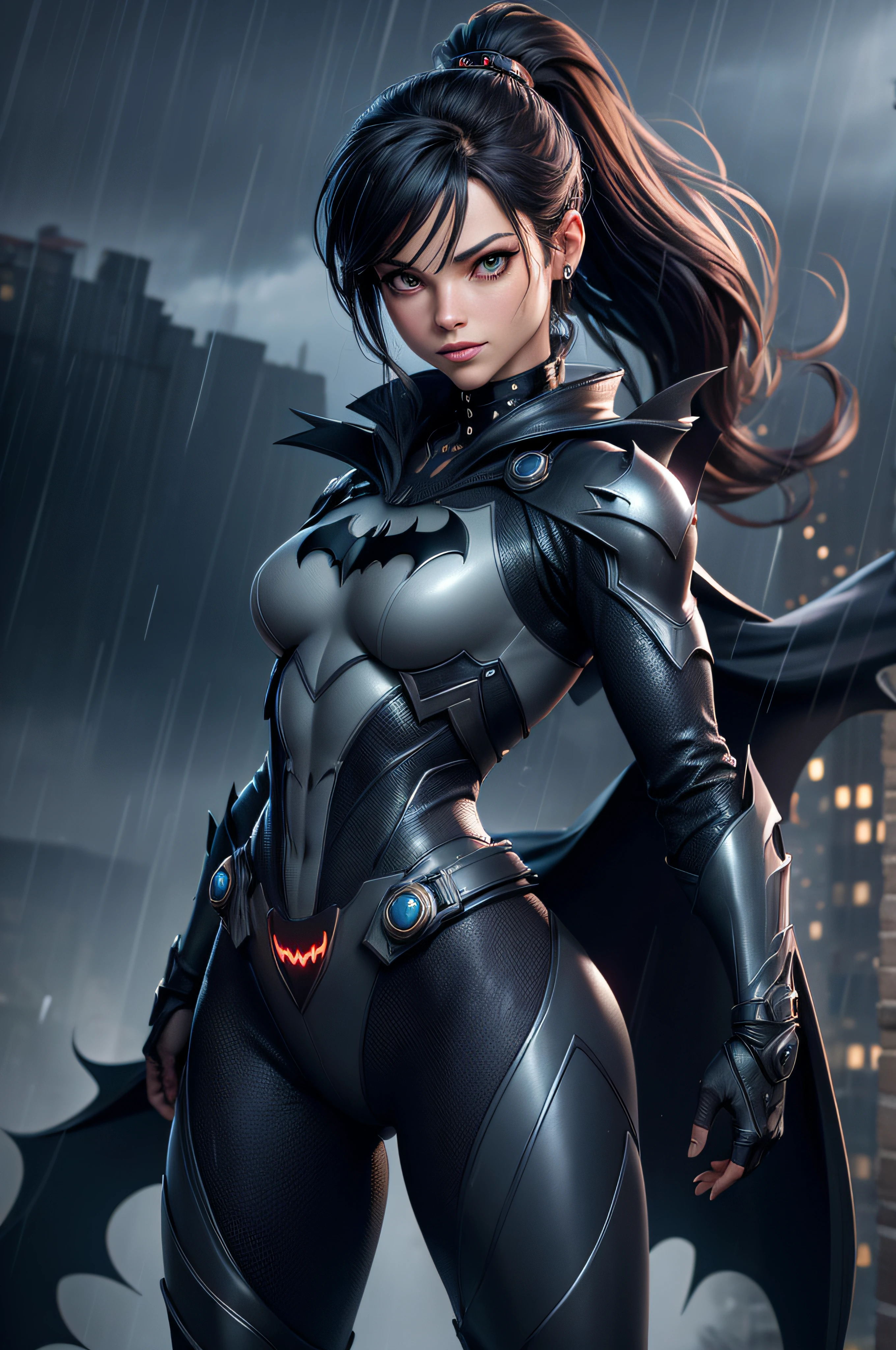 Best quality,4K,8k,high resolucion, tmasterpiece:1.2, Ultra-detailed, Realstic:1.37, illustration, futuriste, haute technologie, metallic, high detailed suit, Advanced Cybernetic Combination, Kristin Kreuk avec ponytail et des yeux verts, dressed up as Batman from DC Comics, dark atmosphere, intense illumination, Insigne de chauve-souris sur la poitrine, ceinture utilitaire avec gadgets, Masque aux yeux brillants, Detailed Muscle Definition, Finition brillante, sharp edges, Stylish design, Mysterious setting, Rain pouring in the background, Flou de mouvement, Tons de couleurs sombres, ombres intenses, Skyline de la ville au loin, Building rooftops, Simulated Raindrops, Reflection on the costume, Rivets et coutures, une forme physique extraordinaire, Position puissante, action pose, Physique impressionnant, Iconic cape that flows dramatically, Heroic Vibes, Imposing presence