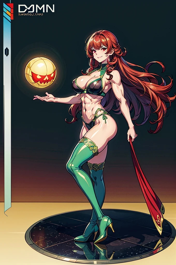 masterpiece:2, best quality:2, highly detailed:2, 8k, horror background, anime, 1girl\(20-year-old, diva, grinning, evil, athletic:1.2, muscular:1.2, abs:1.2, long legs:1.4, curly red hair, big breasts, green stockings, green thigh boots with high heels, revealing clothes:1.2, slender waist, tight butts, beautiful face, red eyes, dynamic pose\), full-body image:1.2