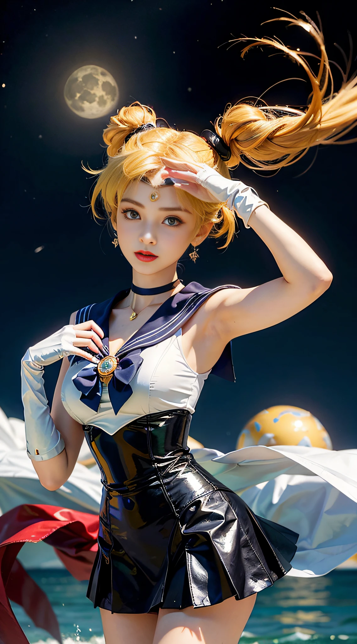 ((masterpiece:1.4)、(top-quality:1.4)、(reallistic:1.7))、masuter piece:1.4、a beauty girl、(Sailor Moon:1.4)、Tsukino Usagi、Body Fit Sexy Sailor Senshi Uniform、(latex shiny)、(The jacket is a white sleeveless sailor suit)、(Skirt Blue Sexy Ultra Ultra Pleated Mini Skirt)、The collar of the sailor suit is blue with two thin lines.、high leg swimsuit、Red cloth ornament at chest、(Wearing white gloves)、Kawaii Girl、Super beauty、foco nítido、Portrait photos、(Perfect female body:1.4)、perfectly proportions、Upper body photography:1.4、beautiful countenance、beautidful eyes、Narrow waist、beauty legs、(yellow hair:1.4)、(length hair:1.2)、Beautiful udder、large full breasts:1.2、Sexy ass、Raw photo、red-lips、Red high heels:1.4、a choker:1.4、a necklace:1.4、耳Nipple Ring:1.4、Luxurious Golden Tiara:1.4、1 screen display、a moon、kosmos、spaceships、A space station、City of the Future