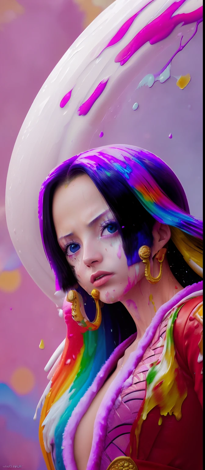 (level difference:1.8),(Paint colliding and splashing on the canvas),(depth of field),1girl's side face blends into it,(side face),open mouth,(liquid paint rainbow hair:1.1) made of paint and defies gravity,thick flowing,(paint splatter:1.3),Liquid state,stunningly beautiful, masterpiece, detailed background,ultra high quality model, ethereal background,abstract beauty, explosive volumetric, oil painting,heavy strokes,Romantic lighting,Sub-Surface Scatterring,lens 135mm,f1.8,glow,8k,high resolution, dreamy,ray tracing,hdr,god rays, ((Boa hancock one piece,)) red painting,