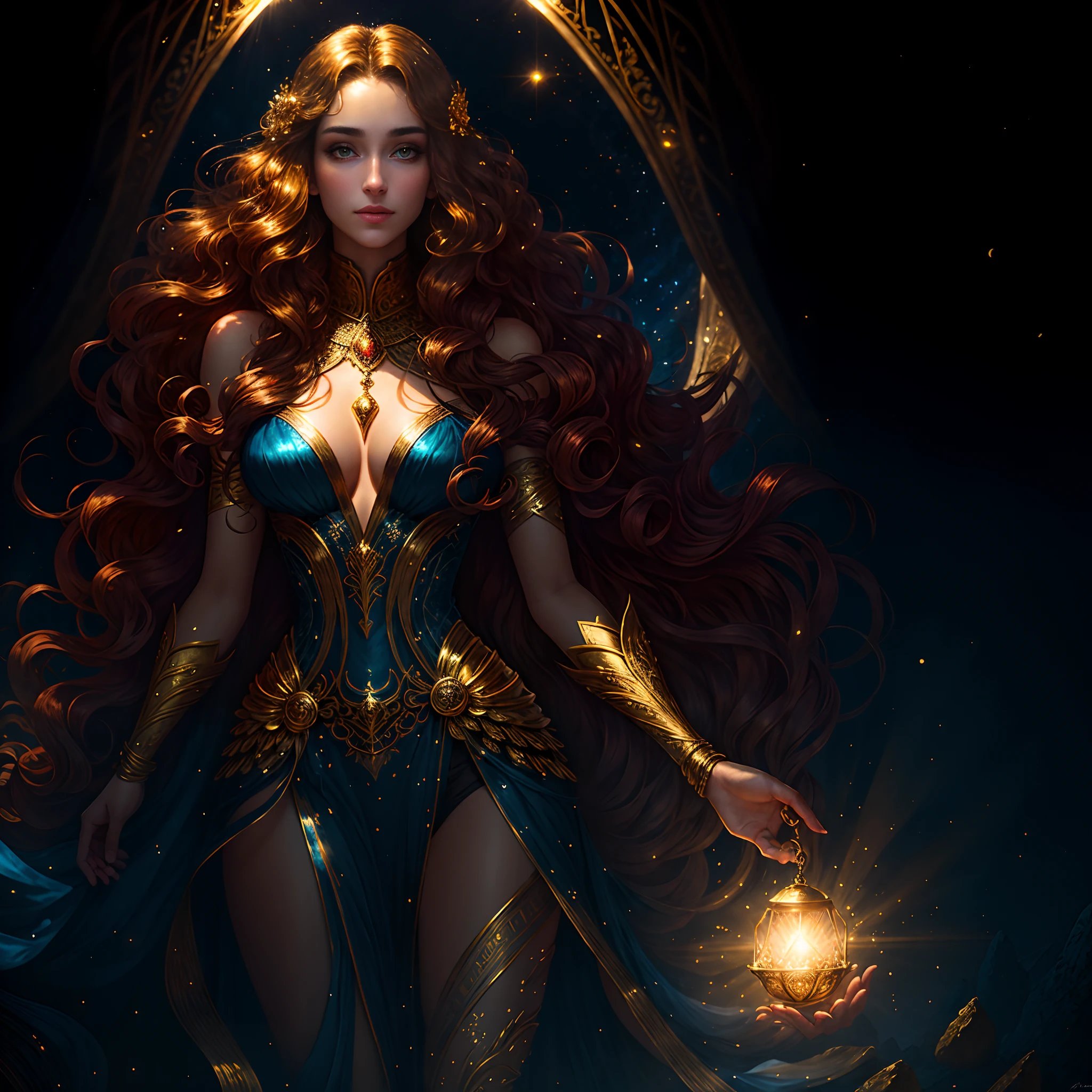 Full body shot, illustration, film light, fantasy, highest quality, super detailed, best quality, masterpiece, (detailed face), tall sexy mature woman, dress made of gold coins chained together, glowing quicksand, floating embers Crystals, golden hair accessories, metal that reflects sunlight, (body focal length: 1.25), clear blue sky, desert ocean in the background, long curly hair, golden eyes, magic, darkness, light reflection