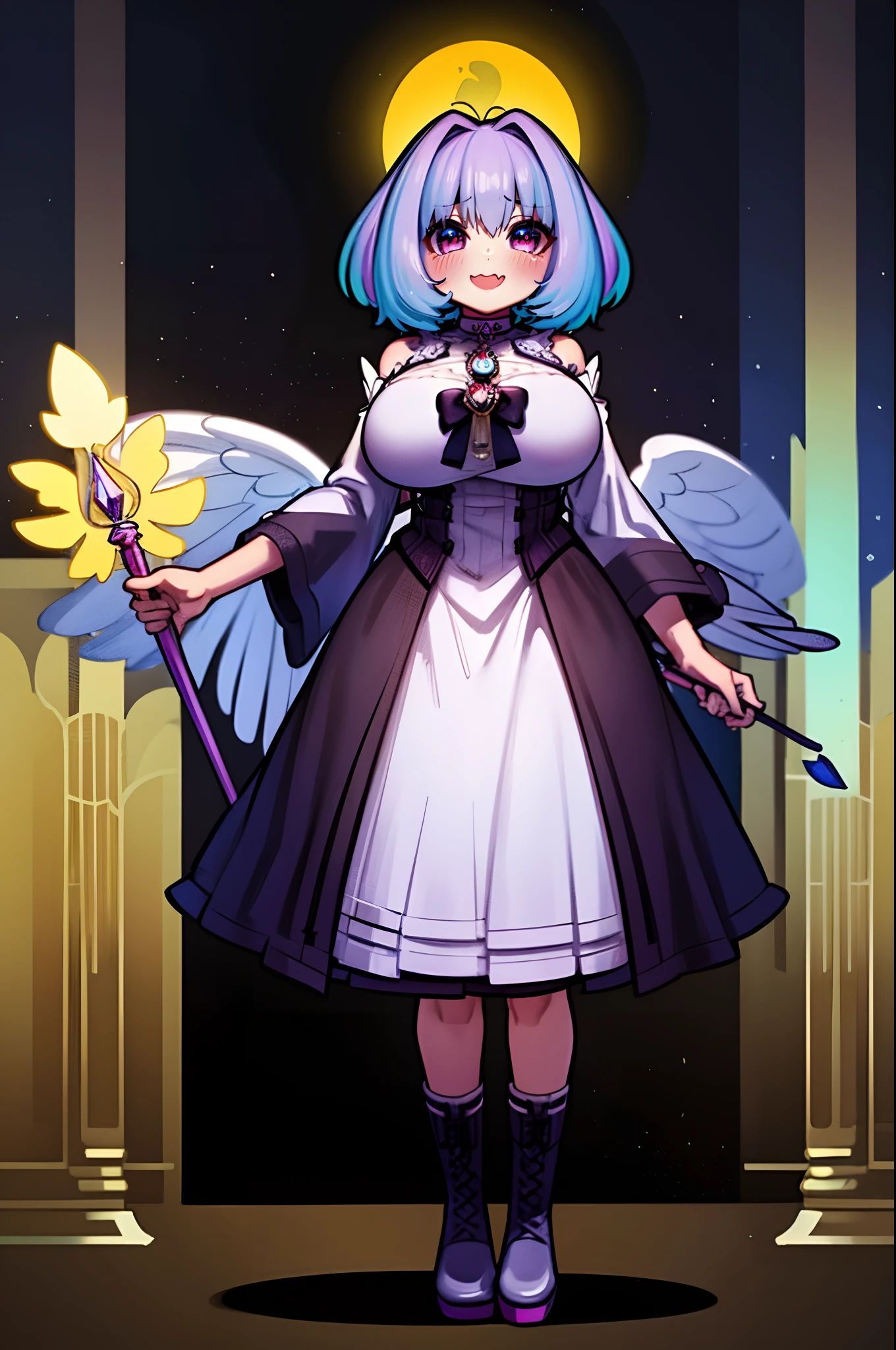 (best quality,masterpiece:1.2),intricate details,beautiful detailed eyes,beautiful detailed lips,extremely detailed eyes and face,longeyelashes,riamu, modeseven,super curvy,comic style,vibrant colors,standing,innocent, full body, standing, smile, princess dress, noble clothing, holy angel magicalgirl, open mouth fang, holy haura, halo, smile, joyfull, paladin, staff holding, full body , boots, standing,cute,breast, curvy, female,fantasy goddess,there is a cartoon picture of a woman with a very large breast, glowing angelic being, glowing holy aura, inspired by Luma Rouge, the non-binary deity of spring, ethereal rainbow nimbus, the butterfly goddess of fire, inspired by Marie Angel, glowing aura around her, astral fairy, as the goddess of the sun, “uwu the prismatic person, big breast, happy, beautiful eyes, , full body, walking, long robe, long dress, ,priestess ,holy, smile, long skirt