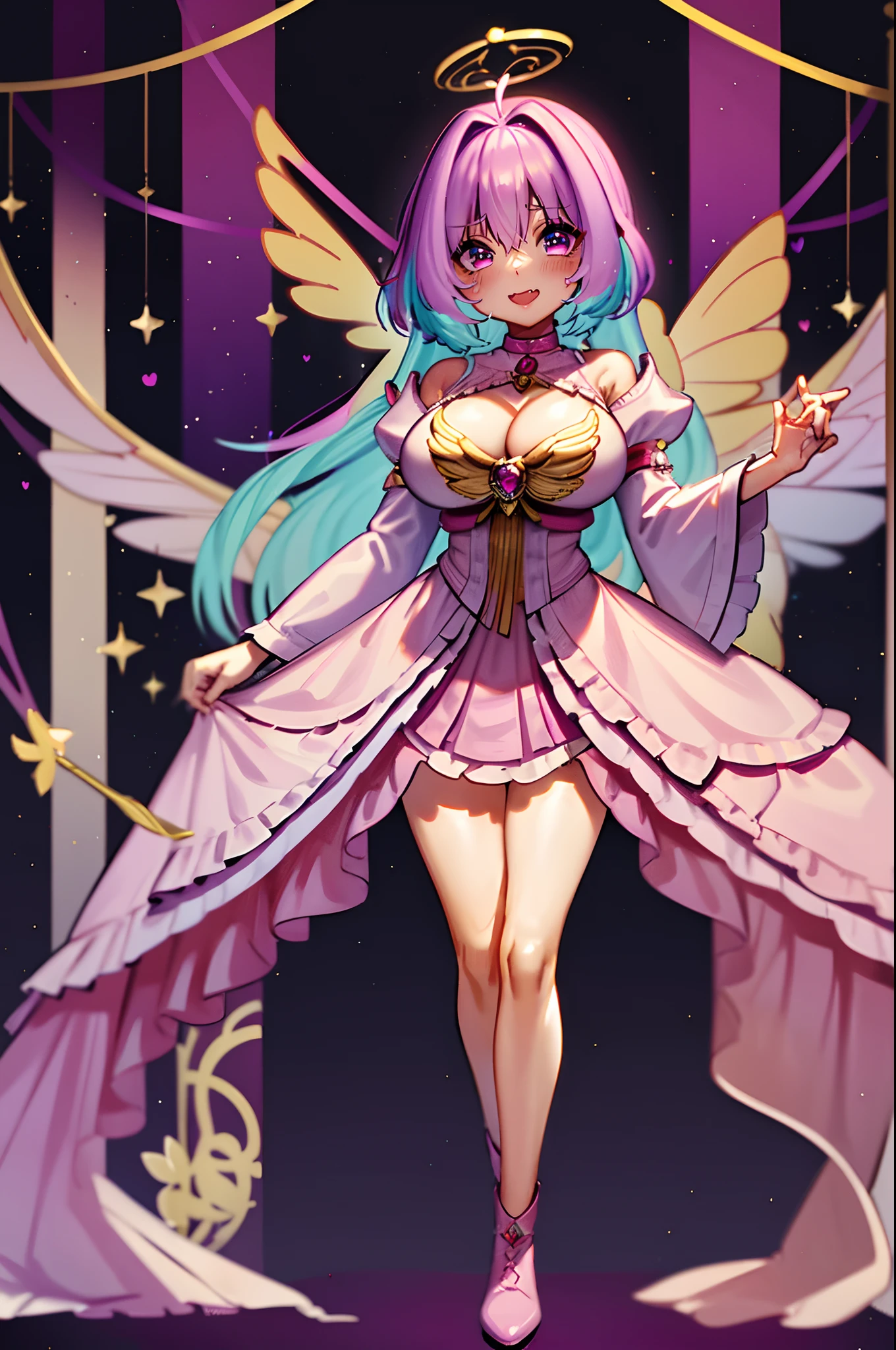 (best quality,masterpiece:1.2),intricate details,beautiful detailed eyes,beautiful detailed lips,extremely detailed eyes and face,longeyelashes,riamu, modeseven,super curvy,comic style,vibrant colors,standing,innocent, full body, standing, smile, princess dress, noble clothing, holy angel magicalgirl, open mouth fang, holy haura, halo, smile, joyfull, paladin, staff holding, full body , boots, standing,cute,breast, curvy, female,fantasy goddess,there is a cartoon picture of a woman with a very large breast, glowing angelic being, glowing holy aura, inspired by Luma Rouge, the non-binary deity of spring, ethereal rainbow nimbus, the butterfly goddess of fire, inspired by Marie Angel, glowing aura around her, astral fairy, as the goddess of the sun, “uwu the prismatic person, big breast, happy, beautiful eyes, , full body, walking, long robe, long dress, ,priestess ,holy, smile