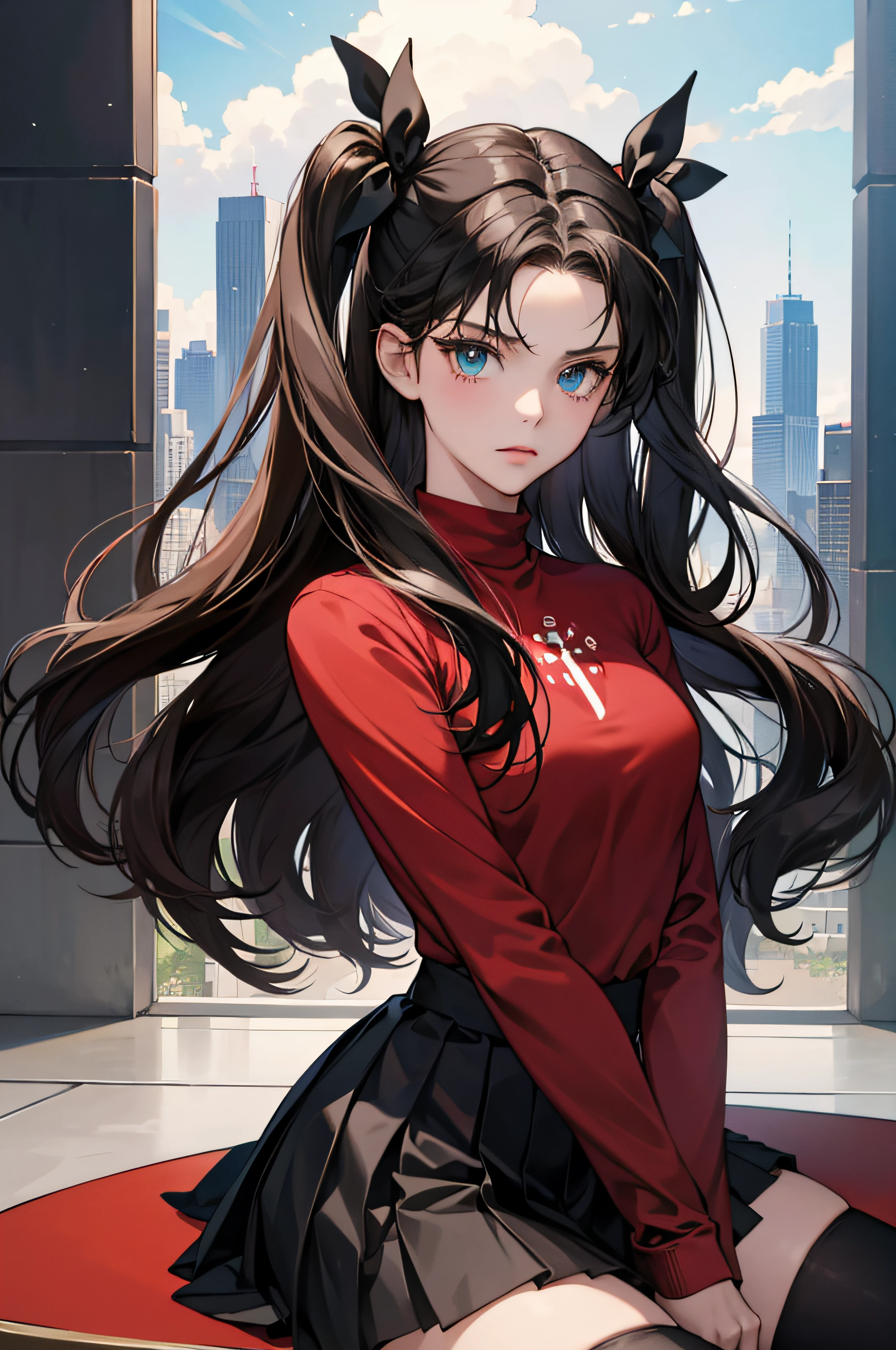 (masterpiece), best quality, expressive eyes, perfect face, 1girl, solo, rintohsaka, rin tohsaka, aqua eyes, black hair, hair ribbon, long hair, ribbon, sidelocks, two side up, black skirt, black thighhighs, long sleeves, miniskirt, pleated skirt, ((red sweater)), skirt, sweater, thighhighs, turtleneck, city background, sitting, character sheet, upper body, portrait, looking at viewer