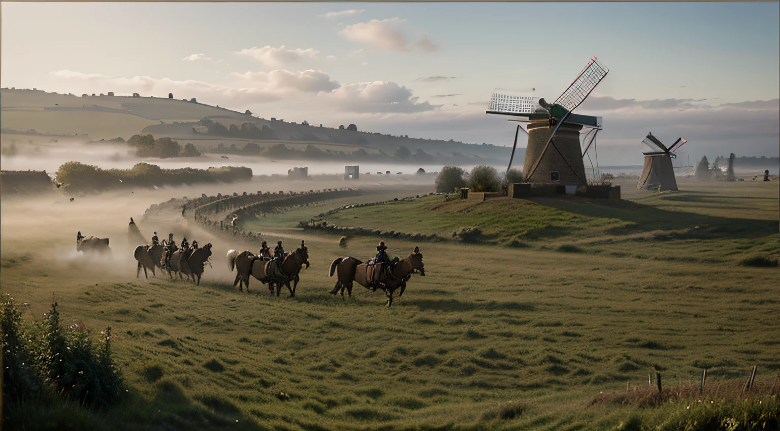 Huge army of 17th century soldiers waiting in a foggy field in the early morning, facing just off to the side, windmill in the background, oil on canvas painting