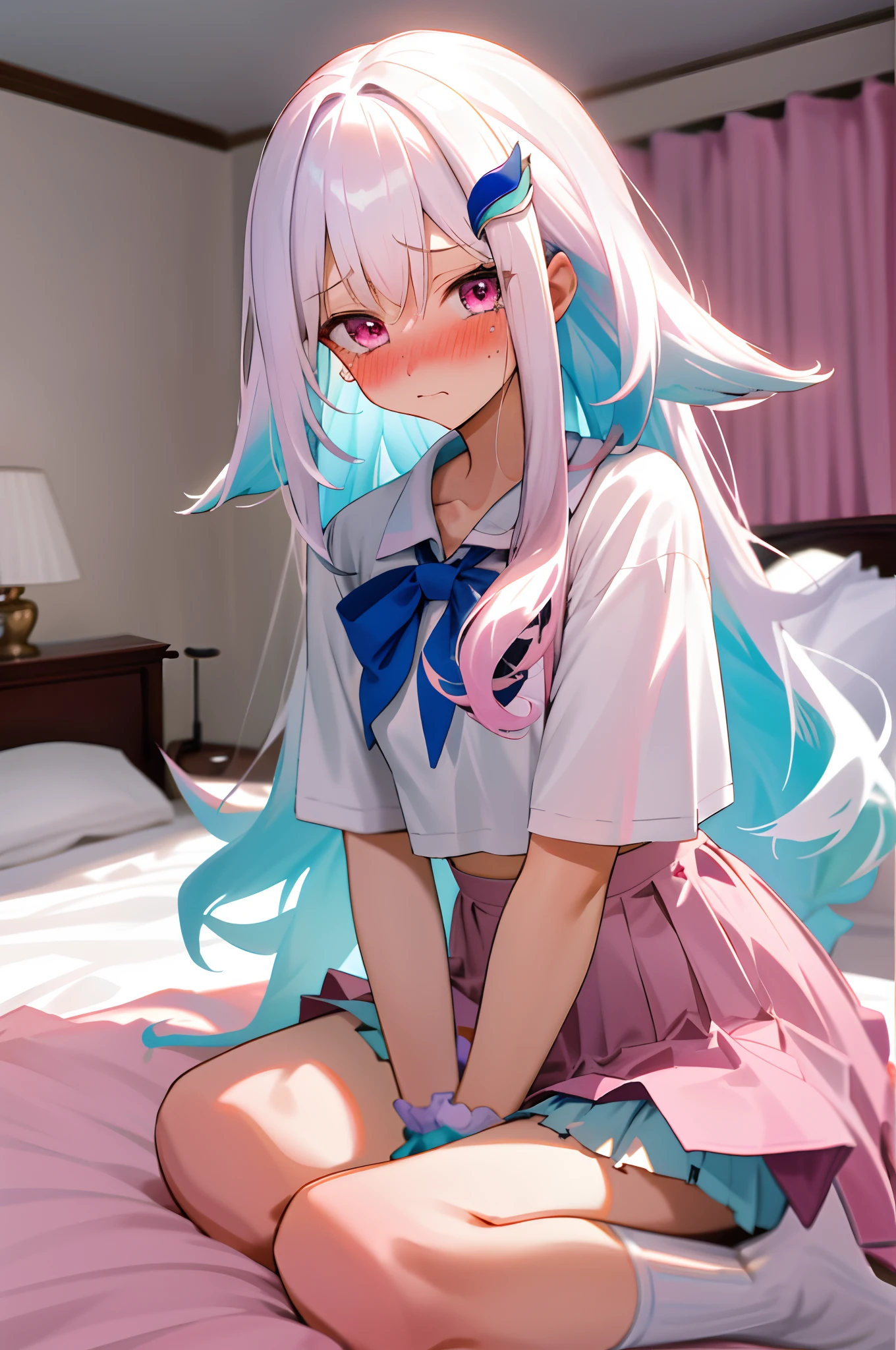 One girl with long hair, white hair, blue inner hair, looking at viewer, embarrassed, blushing, tears, indoor , bedroom, pink uniform, pink sailor uniform, white shirts, pleated skirt , pink skirt, mini skirt, midriff, slim, dizzy, choker, mid-chest, wide hips, perfect waist, spread legs, day atmosphere, hair ornament, kneeling pose, (embarrassed:1.0)