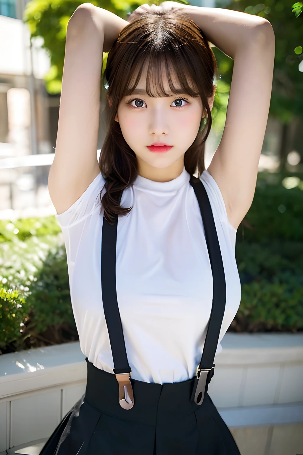 masterpiece、flat-colors、depth of fields、lens flare 1 girl、、Brown hair、watching at viewers suspenders bulging big breasts Armpit sweat walls: Black skirt garterbelts Gaze Small face Bangs Upper Eyes flank Rat-colored eyes holster Cutter shirt