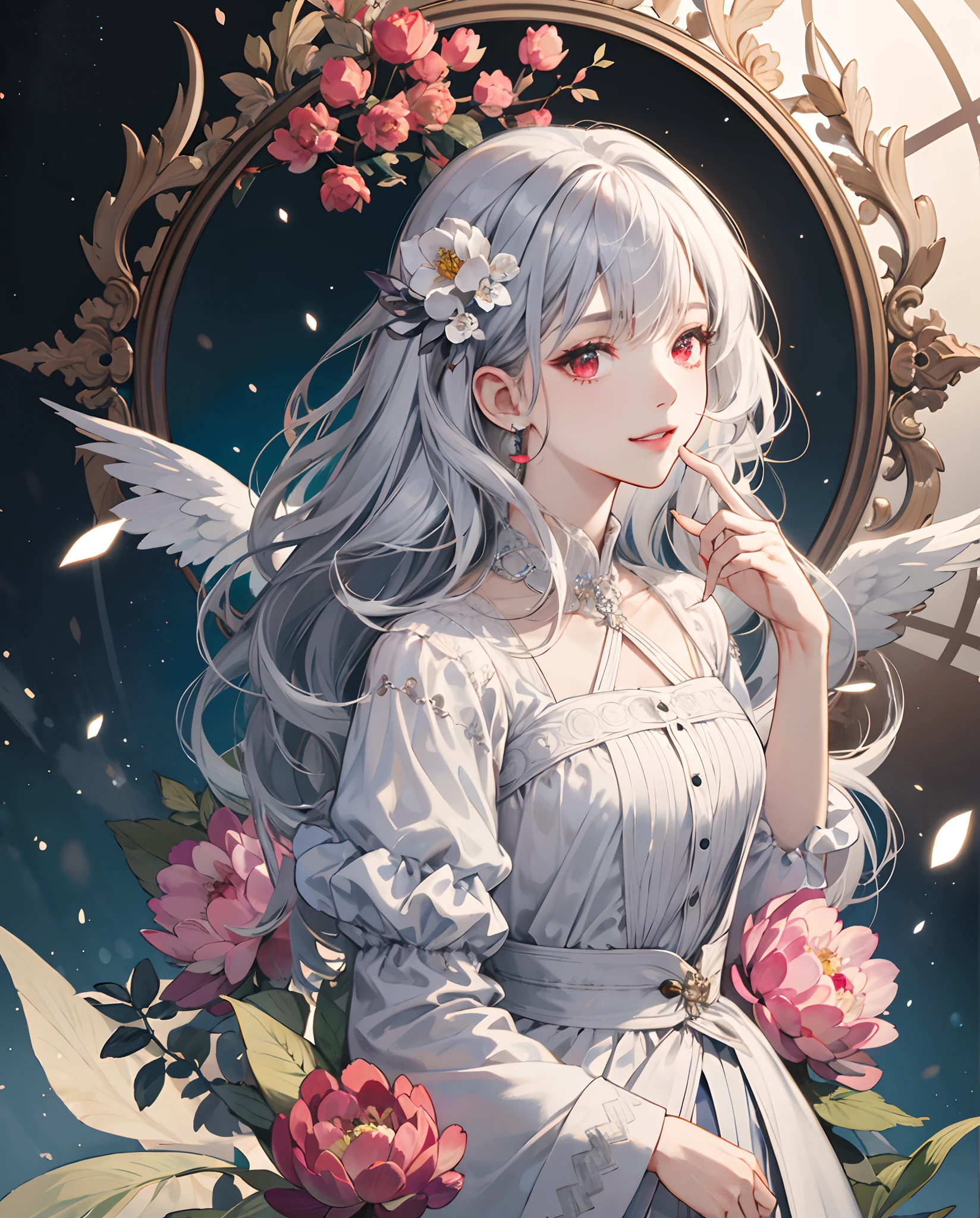 masterpiece、top-quality、超A high resolution、2D Beautiful Girl、animesque、s girl、Silvery hair、Fluffy hair、Peony hair ornament、Beautiful red eyes、The clothes are also depicted in detail、Eyes are depicted in detail、The face is depicted in detail、sorcerer、soio、Gentle smile、Full body front、hair adornments、animesque、illustratio