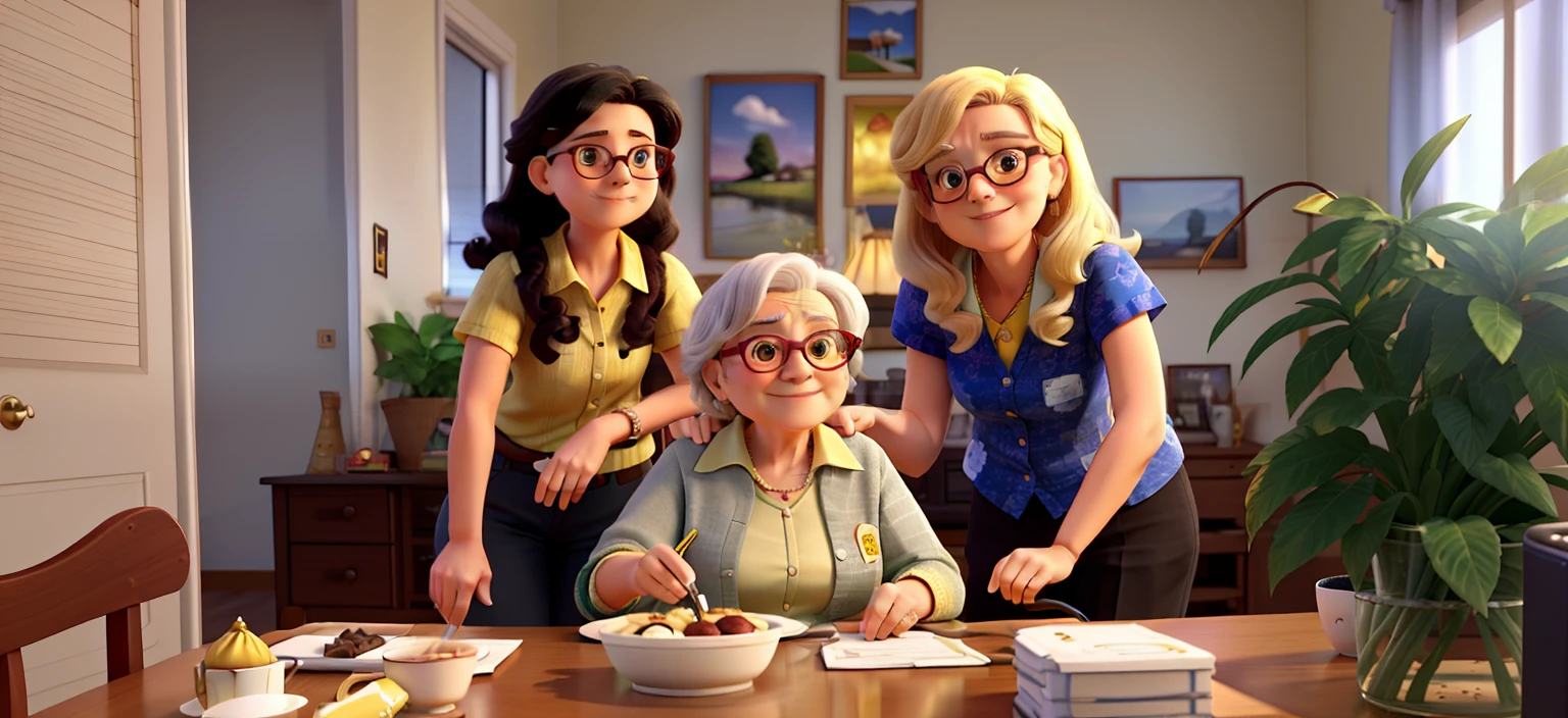 Three generations of women from the same family. A 90-year-old grandmother celebrating her birthday with a chocolate cake in front of her, A yellow-blond haired mother, Glasses and 50 years, and a granddaughter with black hair and big glasses who is 29 years old. The three of them are in a gray room, With a mirror behind the three of them. It is a sunny day and the sun's rays enter the environment illuminating the place