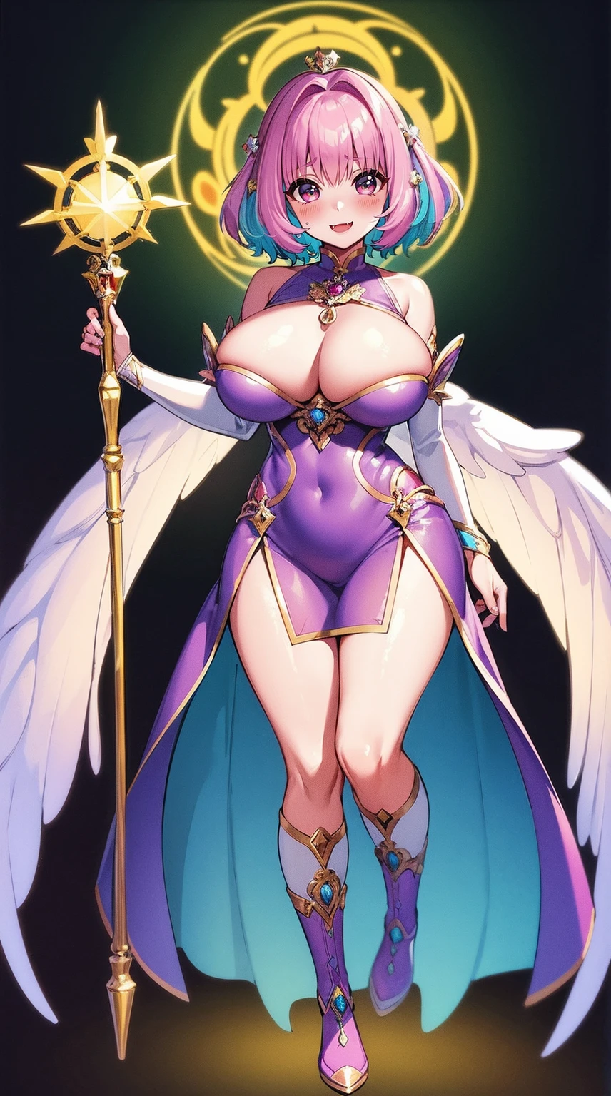 (best quality,masterpiece:1.2),intricate details,beautiful detailed eyes,beautiful detailed lips,extremely detailed eyes and face,longeyelashes,riamu, modeseven,super curvy,comic style,vibrant colors,standing,innocent, full body, standing, smile, princess dress, noble clothing, holy angel magicalgirl, open mouth fang, holy haura, halo, smile, joyfull, paladin, staff holding, full body , boots, standing,cute,breast, curvy, female,fantasy goddess,there is a cartoon picture of a woman with a very large breast, glowing angelic being, glowing holy aura, inspired by Luma Rouge, the non-binary deity of spring, ethereal rainbow nimbus, the butterfly goddess of fire, inspired by Marie Angel, glowing aura around her, astral fairy, as the goddess of the sun, “uwu the prismatic person, big breast, happy, beautiful eyes, , full body, walking, long robe, long dress, ,priestess ,holy, smile