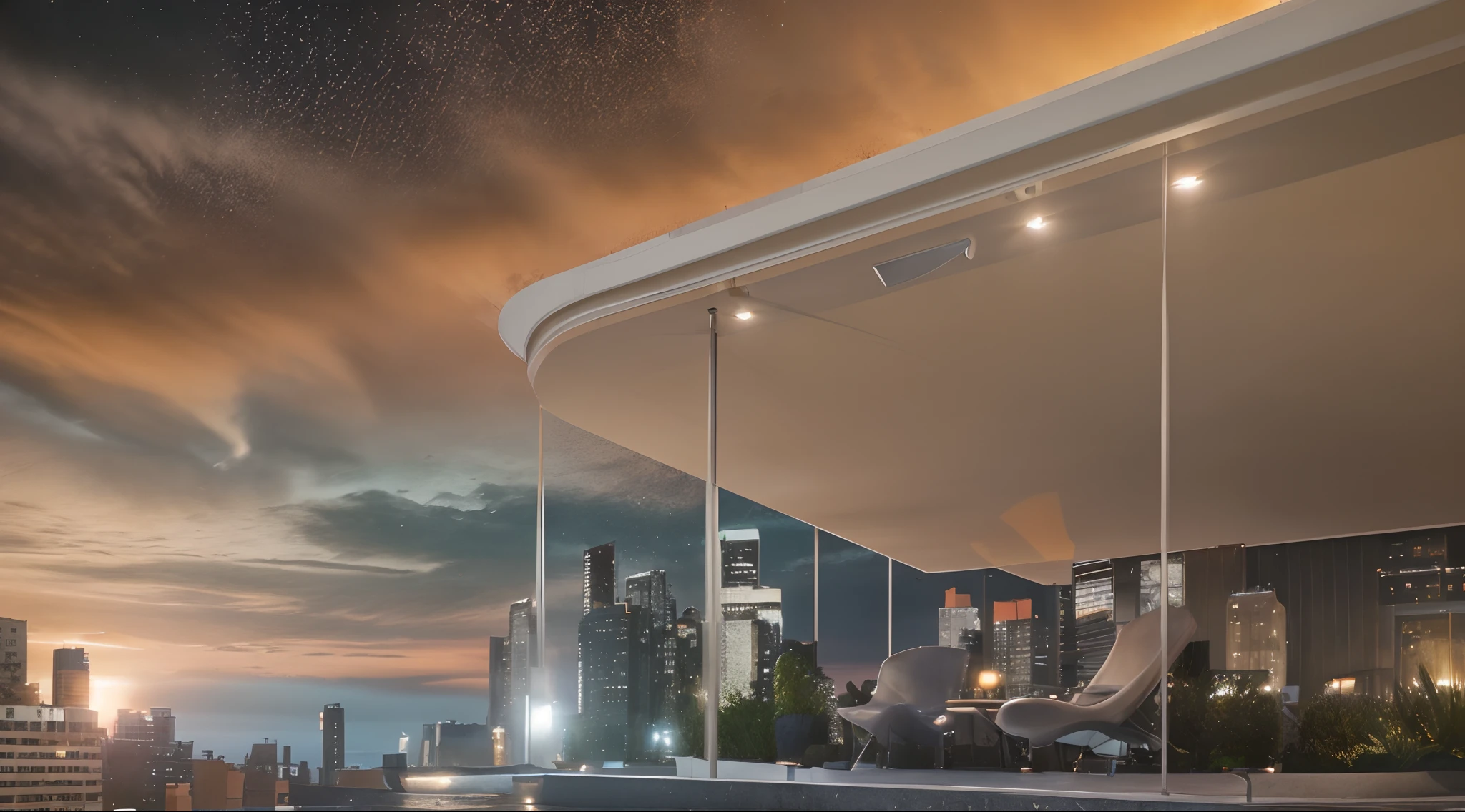 Warm skies in warm tones,Modern mansion,terrazzo,eventide,high detal,The city at night