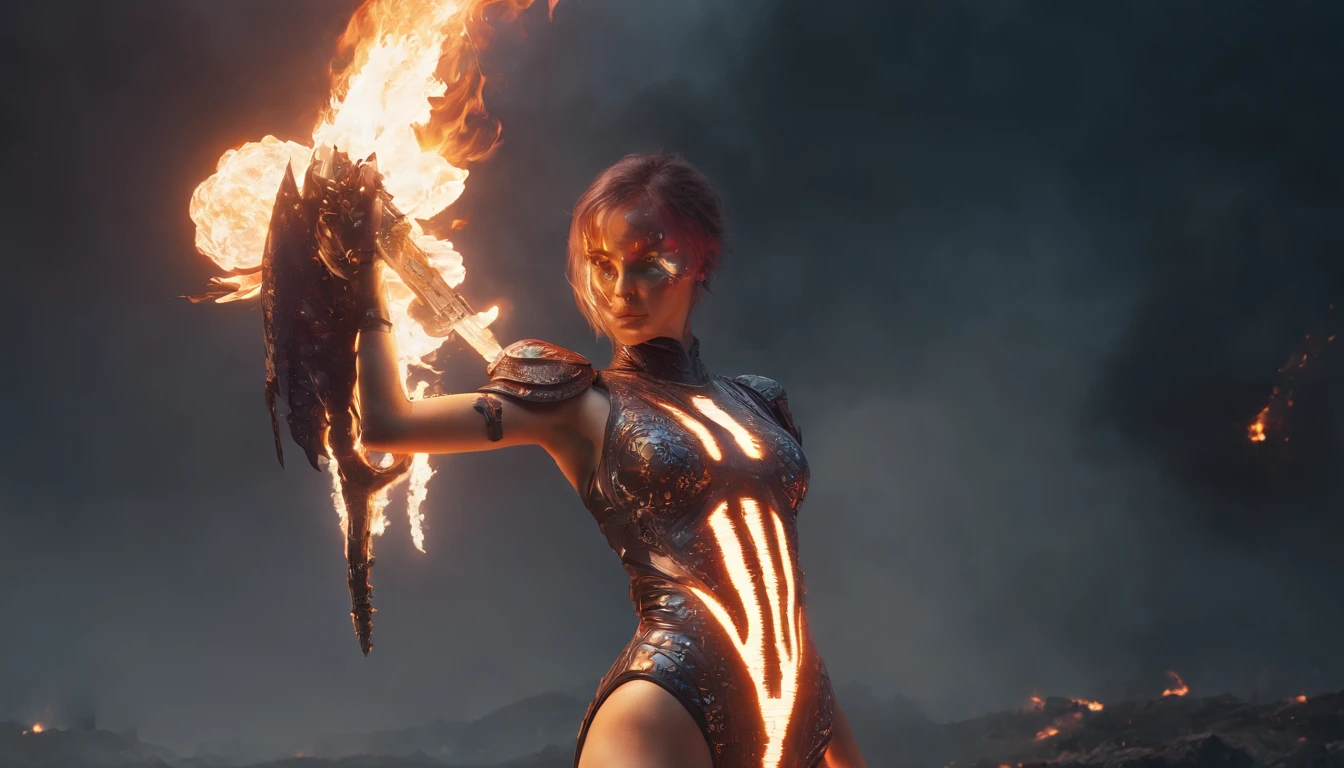 Cosmic cyberpunk Fallen Angel woman wearing a futuristic leotard, Flaming Sword glowing light eyes, Biomechanical, eerie, Creepy, nightmarish, Very bright neon colours, Light particles, with light glowing, , Mushroom Cloud, winner of the year's best photo, the world on fire, post-apocalyptic hellscape military photography, photo epic of the year, fire on the horizon, epic cinematic shot, pure form, intricate detail, 8k post-production, High resolution, super Detail, trending on ArtStation, sharp focus, studio photos, intricate detail, Very detailed, By Greg Rutkowski, Mshiff, wallpaper art, UHD wallpaper