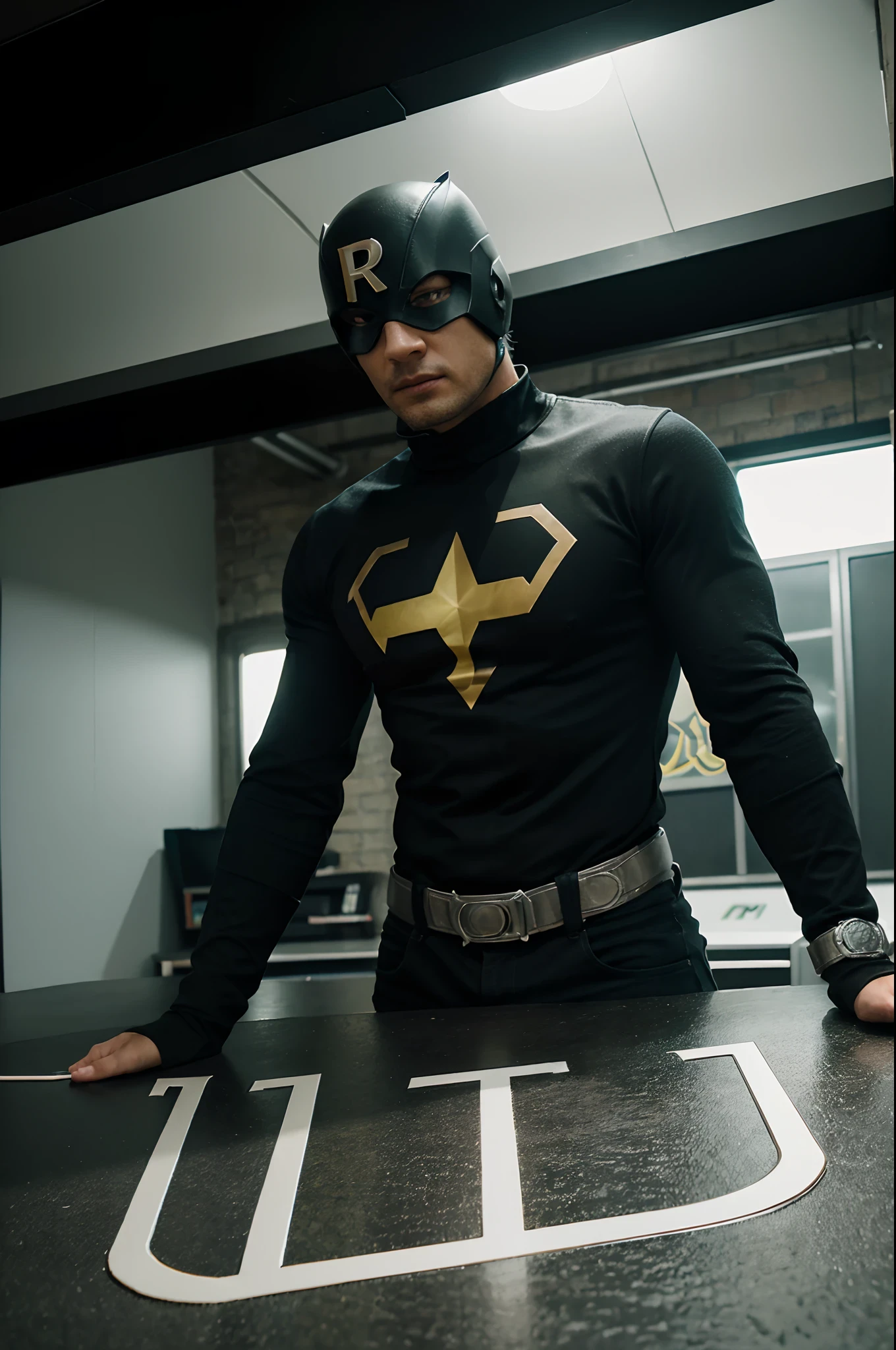 Create a logo with the name Hero's Road. The logo needs to represent the world of superheroes in comics, cinema, games and manga with a young and modern design. The logo must be easy to remember and identify. The logo must be attractive to the company's target audience, which are superhero fans. The road symbol can represent the hero's journey, which is the company's central theme. apply colors in green tones according to their meanings, 3d render, photo, typography, illustration, cinematic, product. draw a shaped logo with the outer edges made up of the letters HR and inside the letter R draw one that represents the Sagittarius zodiac symbol in silver color and in a minimalist style. The background of the entire design must be solid dark black.