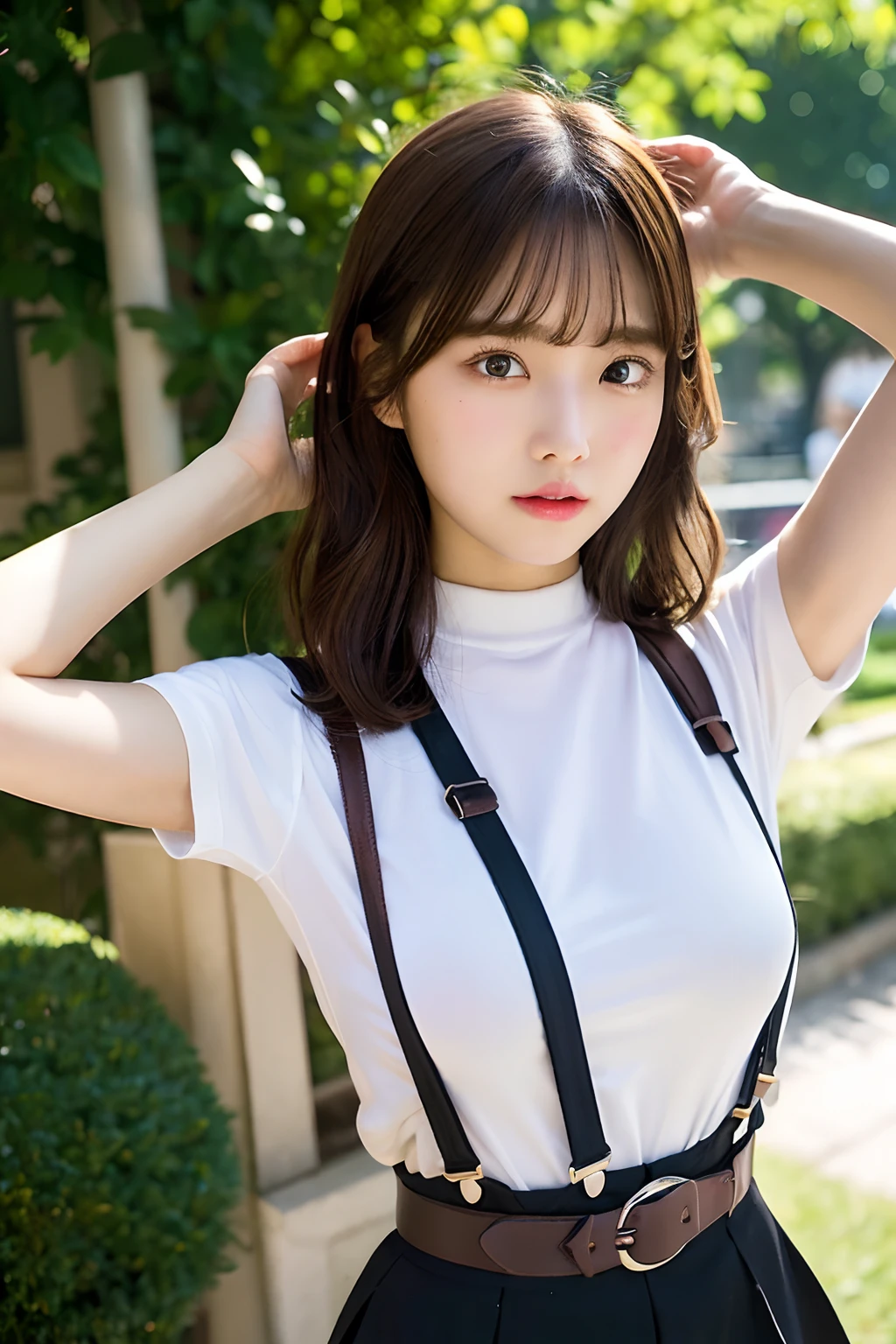 ​masterpiece、flat-colors、depth of fields、lens flare 1 girl、、Brown hair、watching at viewers　　　suspenders　　　bulging big breasts　　　 　 Armpit sweat　　　　walls: 　Black skirt　garterbelts　　　　　　Gaze　　　Small face　Bangs Upper Eyes　flank　　Rat-colored eyes　　holster　　 Cutter shirt