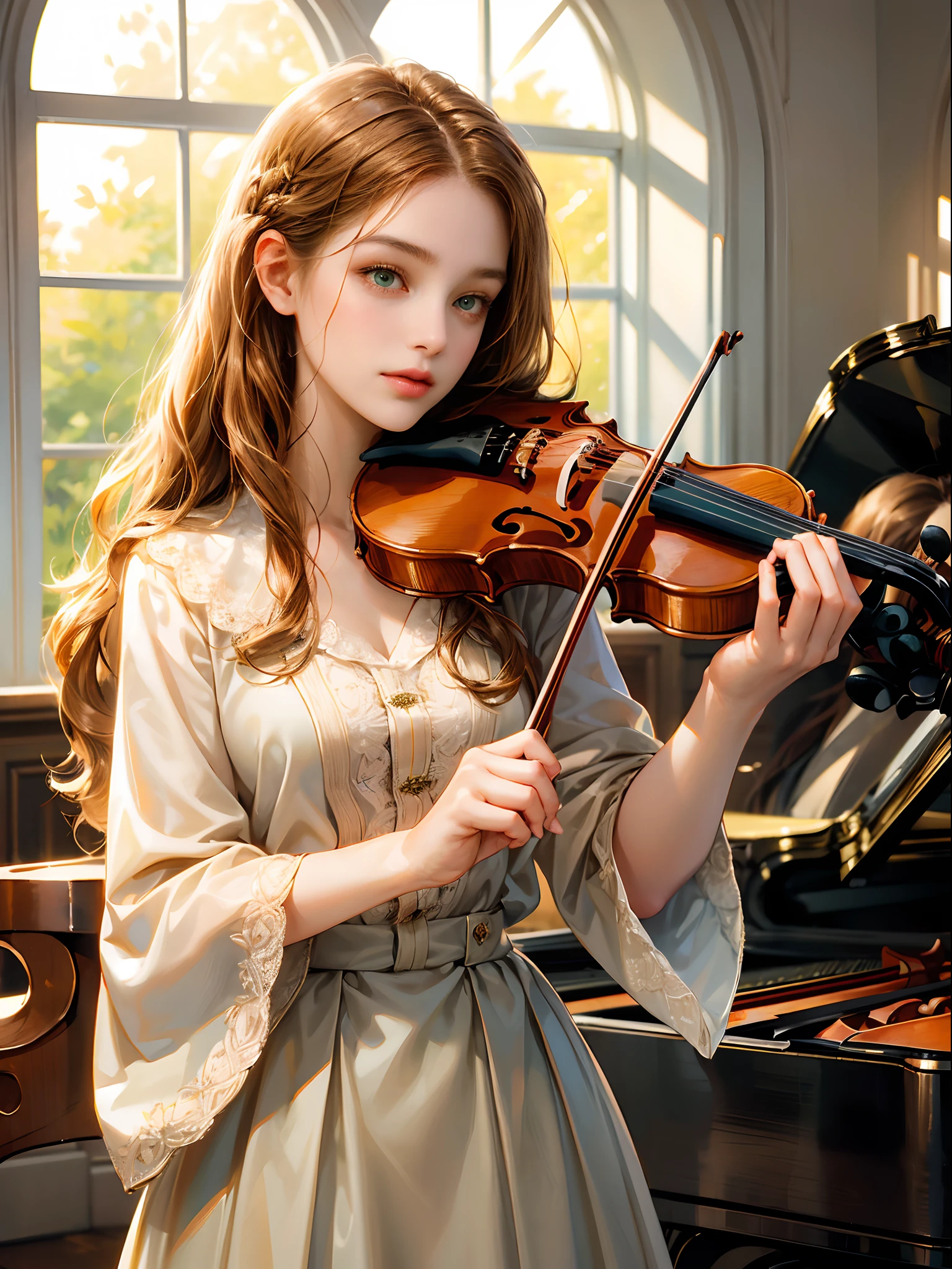 A girl, medium mahogany-colored hair, wavy hair, no bangs, green eyes. She wears a college uniform, a beautiful girl, detailed eyes, detailed face, detailed hands, looking at the viewer. She's playing violin. She's standing. Background music conservatory