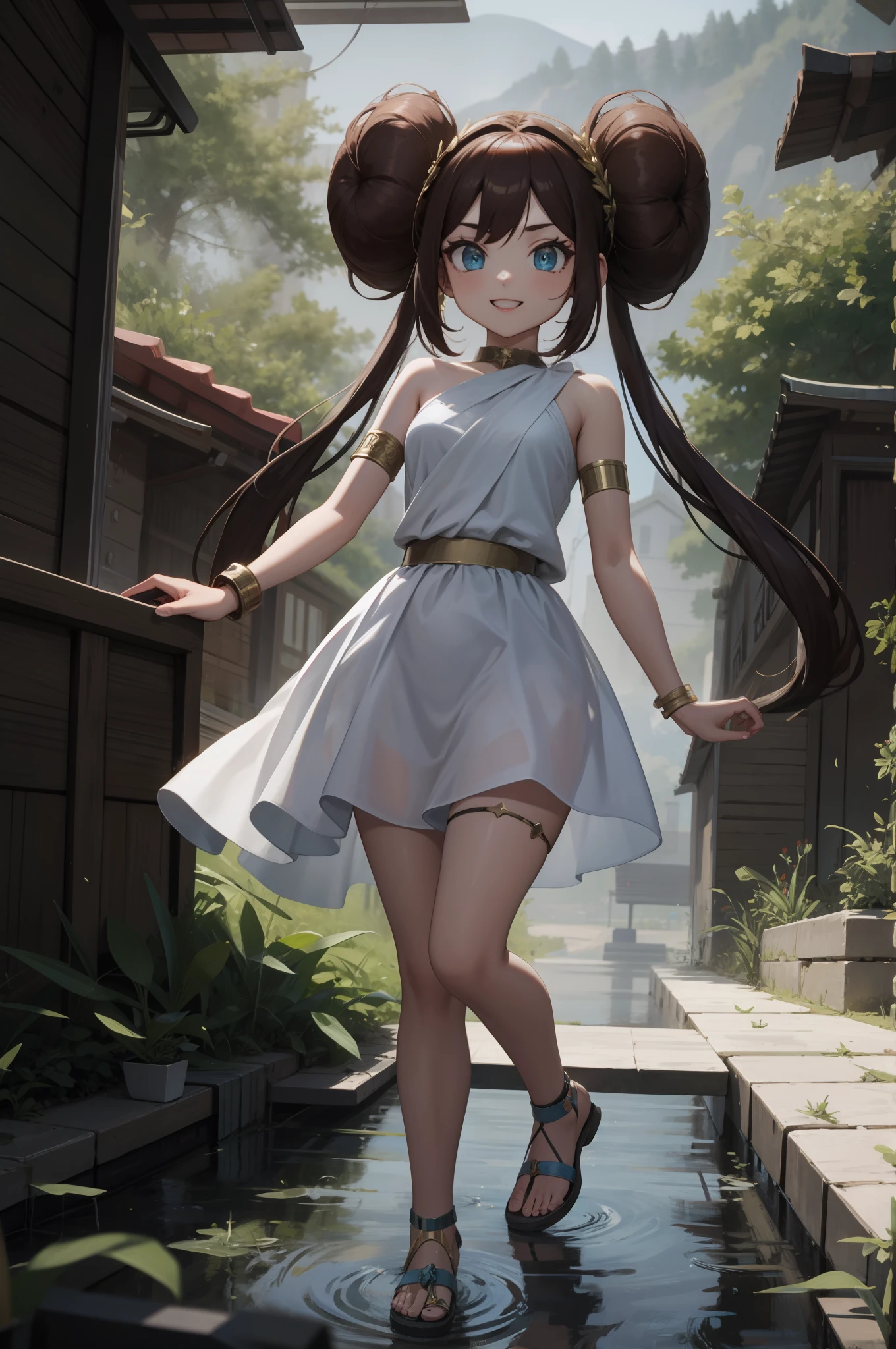 perfect eyes:1.2, detailed eyes:1.4, ro1, hair bun, nice hands, smile, greek clothes, peplos, laurel crown, armlet, sandals, blue eyes, twintails, long hair, 1girl, solo, (masterpiece:1.6, best quality), 8k, insane details, intricate details, hyperdetailed, hyper quality, high detail, ultra detailed, professional, HDR, ray tracing reflection, cinematic lighting,