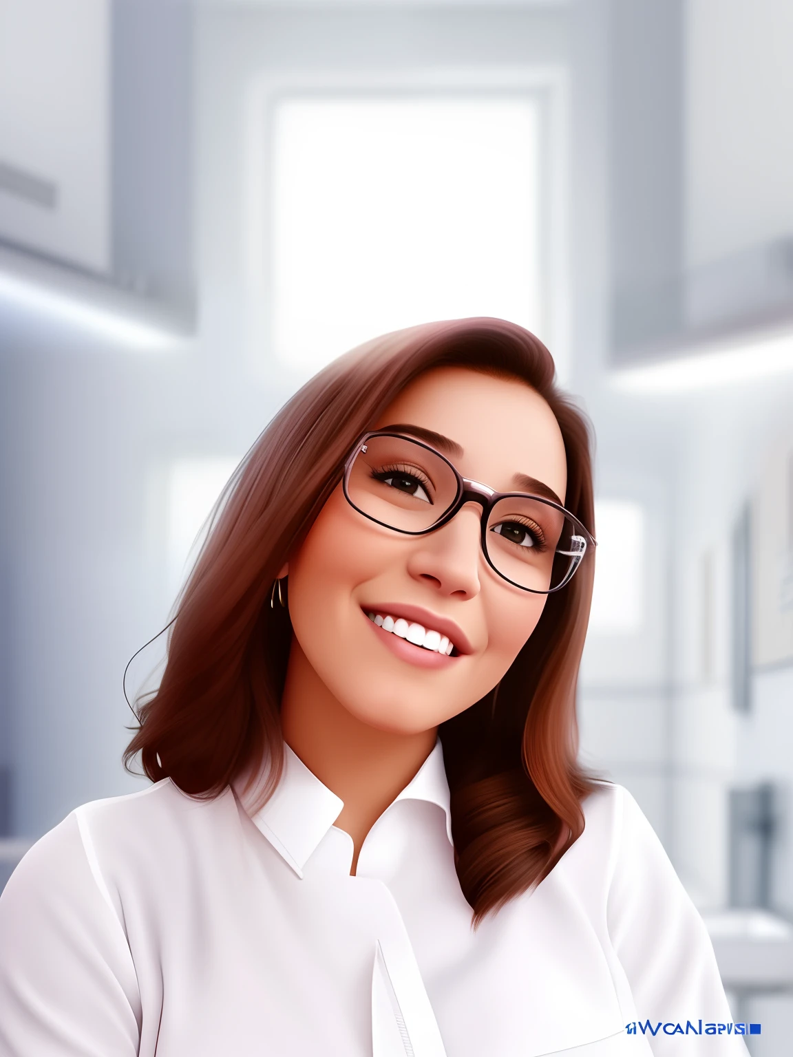 Smiling 44-year-old woman in white shirt and glasses, Valentina Embaralhamento, Estefania Villegas Burgos, imagem frontal, Moleksandra Shchaslyva, Adriana DXIM, Maia Sandu Hiper-realista, Directed by: Nandor Soldier, Alina Ivanchenko, Anastasia Ovchinnikova, foto de perfil profissional, Viktoria Gavrilenko in a doctor's office