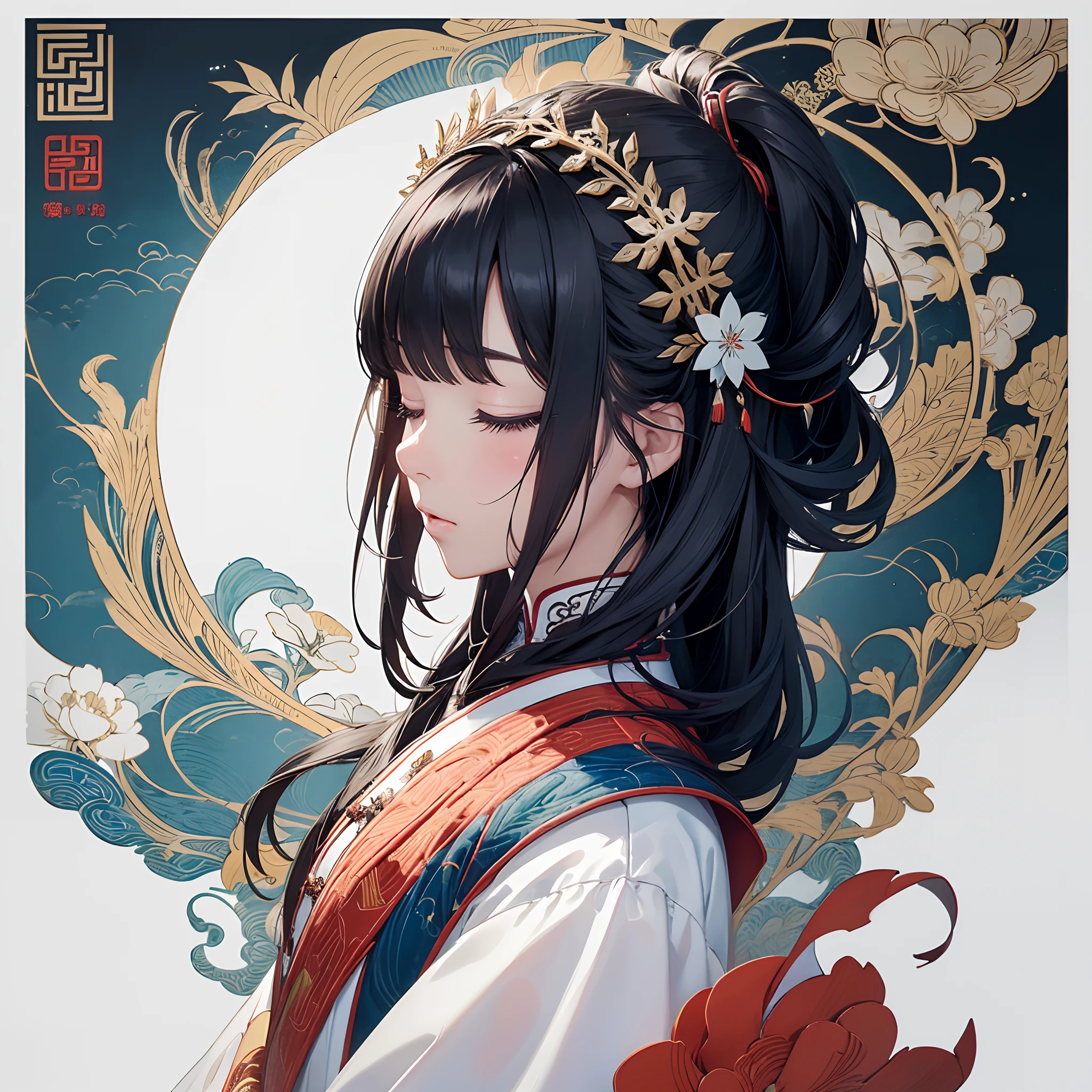 (White background:1.4),(Silhouette of a girl's head, Eyes closed, Colorful long hair, Oriental elements)，(Chinese Illustration:1.3，paper art:1.3, Quilted Paper Art:1.2),( Reasonable design, Clear lines, High Sharpness,Best Quality, Very detailed, masutepiece, Movie Light Effects, 4K )，Ocean Blue Eyes，The eyeball is a snowflake，（largeeyes：1.5）
