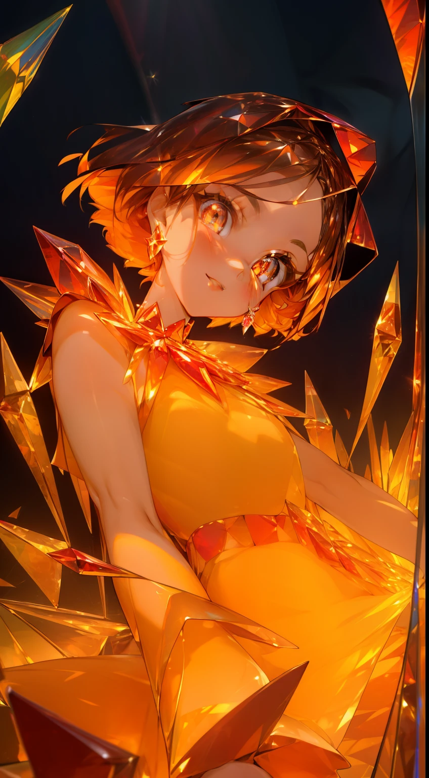 (masterpiece, best quality), ((crystal girl, kaleidoscopic transparent eyes, crystal girl, glowing skin, amber and ruby, deep, rich deep transparent amber and ruby, dress, skirt, seductive, mineral girl, elemental girl)) smile