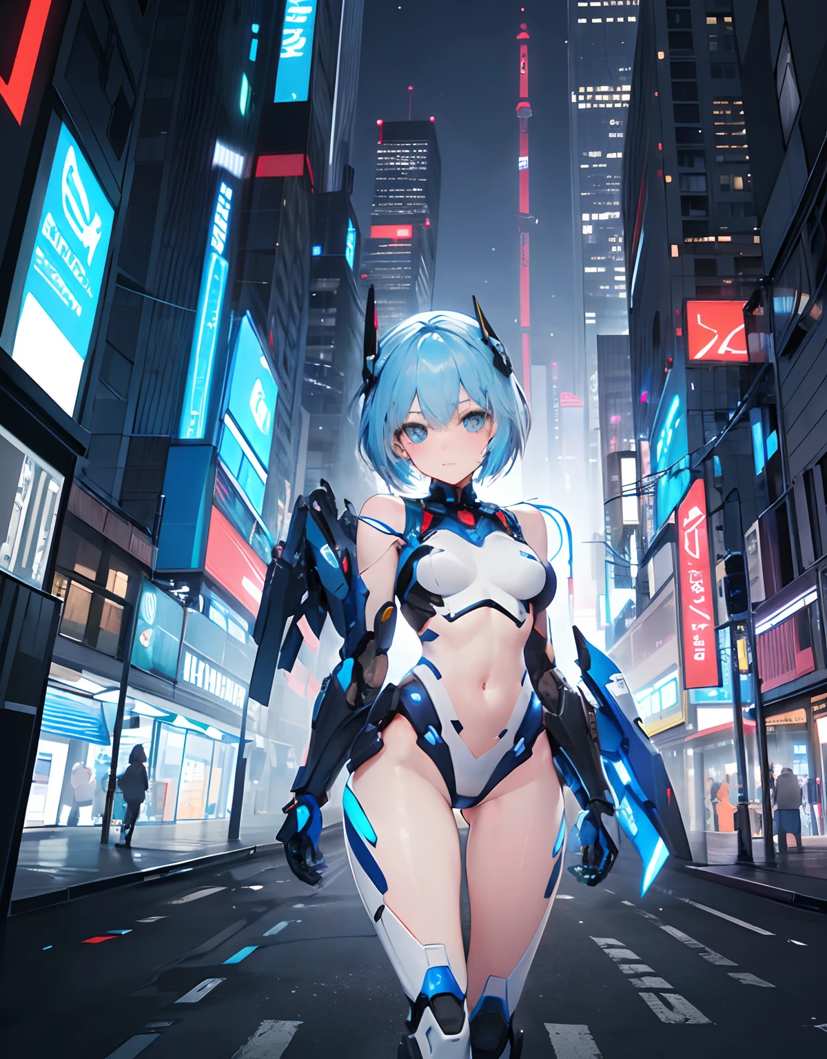 ((Masterpiece, Highest quality)), Detailed face, Beautiful face， full bodyesbian, Full of details, Highly detailed, Depth, Beautiful girl with piblue hair，short blue hair，Sick，White pupils，The legs are very thin，The legs are long, red eyelashes, ​masterpiece, 1girl Rei Ayanami((20year old, futuristic mech armor blue and white exposes navel, medium breasts,  flirting, looking towards camera, standing in the middle of a sci-fi futuristic urban street, neon lights and towering skyscrapers, futuristic and energetic atmosphere), ((nighttime)) ((low camera angle, ground view)) Tall and tall，Thin, 8k, ultrarealistik, oficial art,