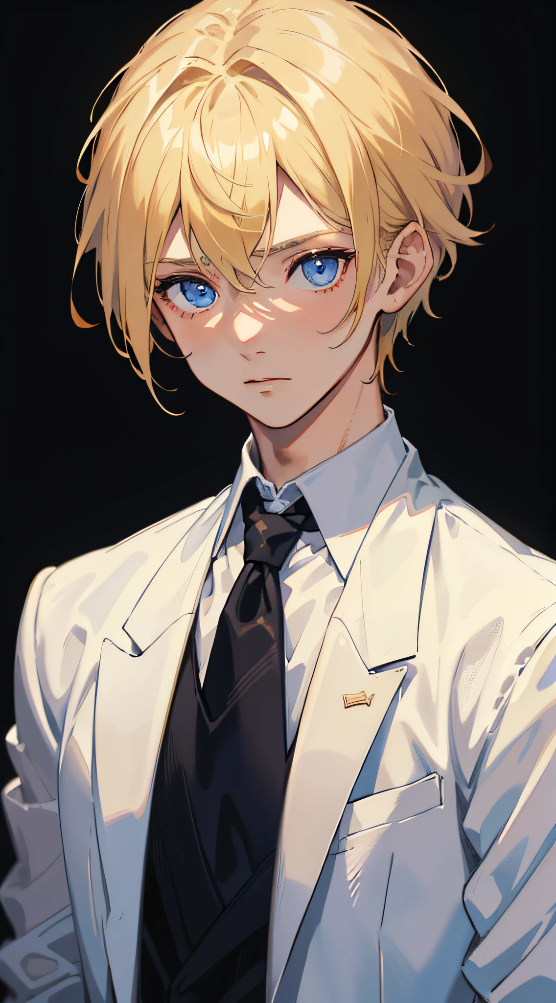 A boy solo standing in the middle with blond hair and blue eyes, school clothes, behind a boy with blond hair, surrounded by dark empty background